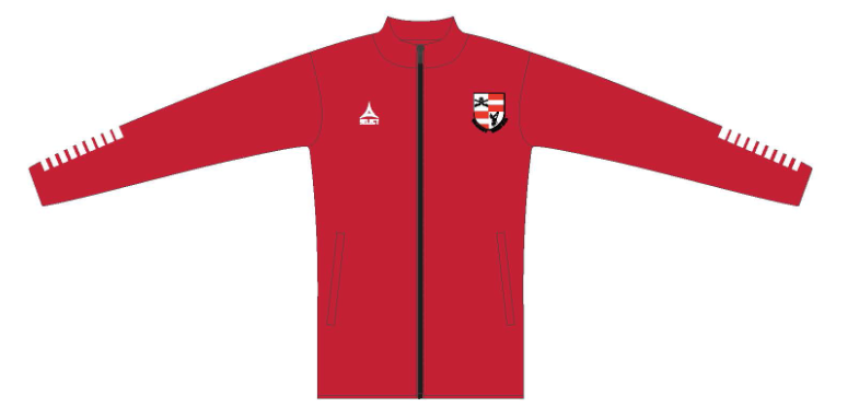 Drawing of a red full zip jacket with a Select logo and Tri-County Soccer logo