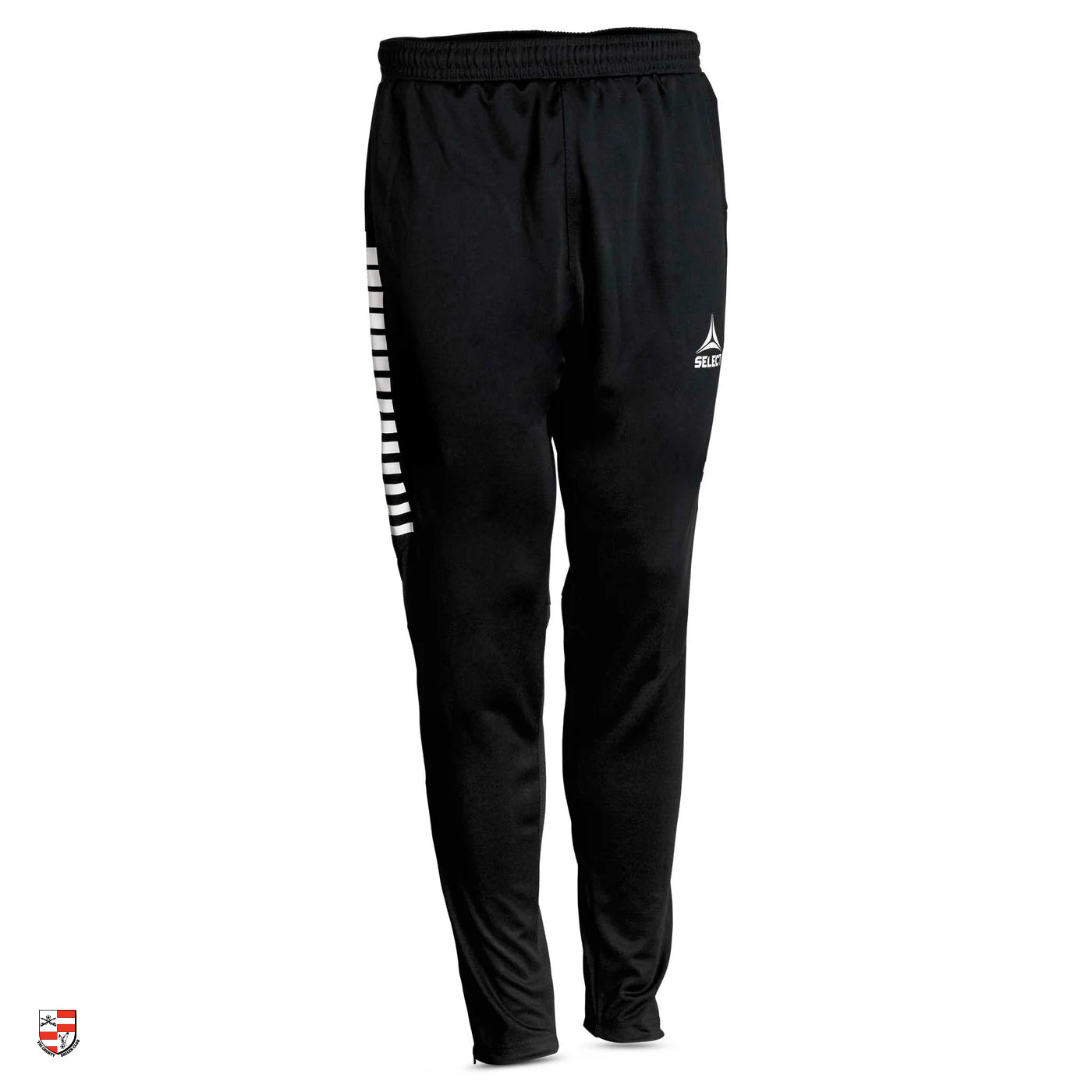 Black athletic pants with white stripes on a white background