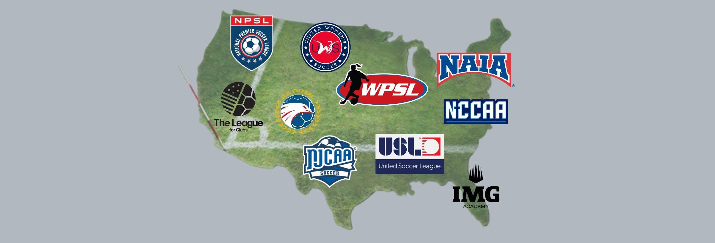 Map of the United States with various SELECT sponsorship sports league logos superimposed on it.