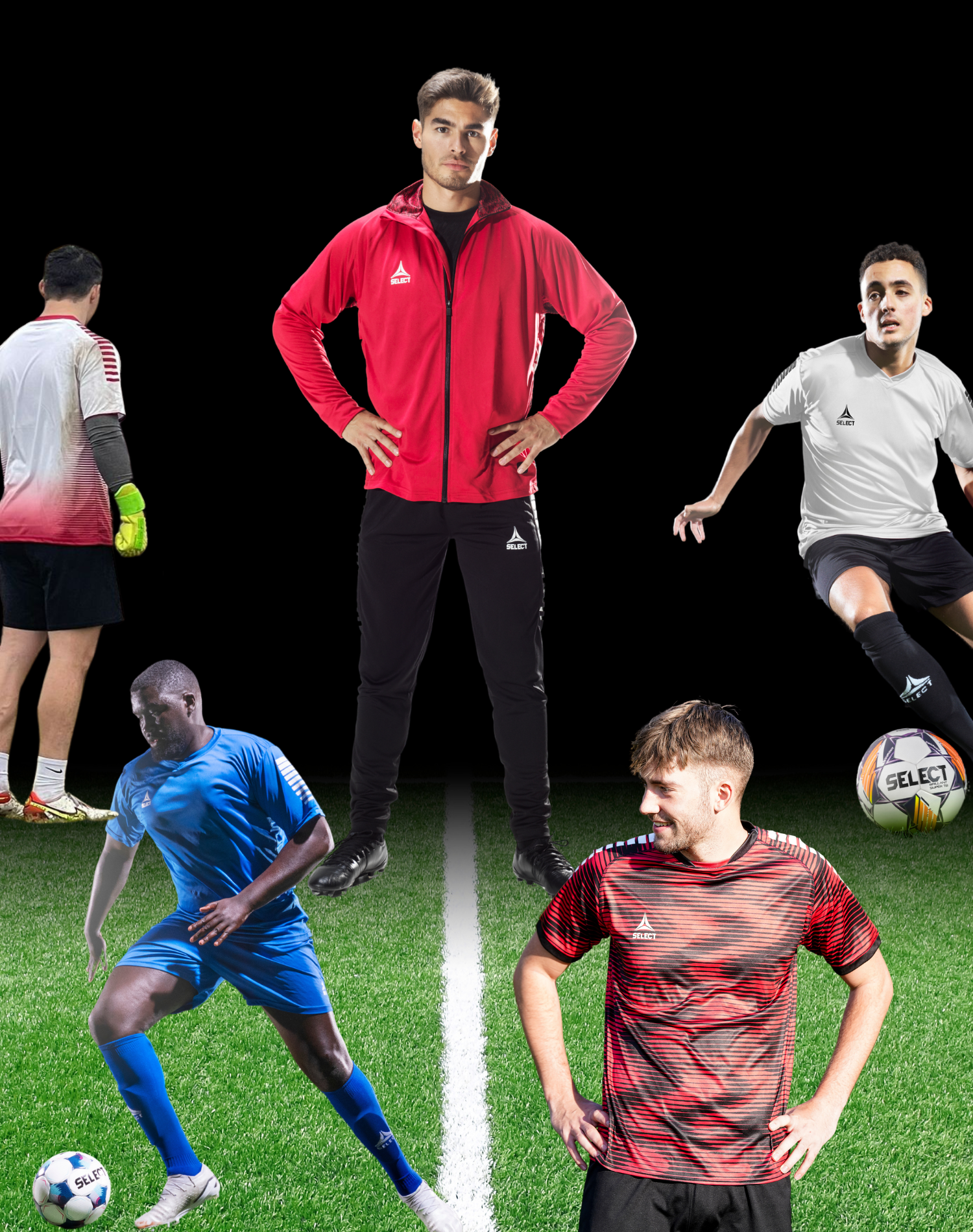 Several soccer players on a turf field with a black background in various soccer uniforms