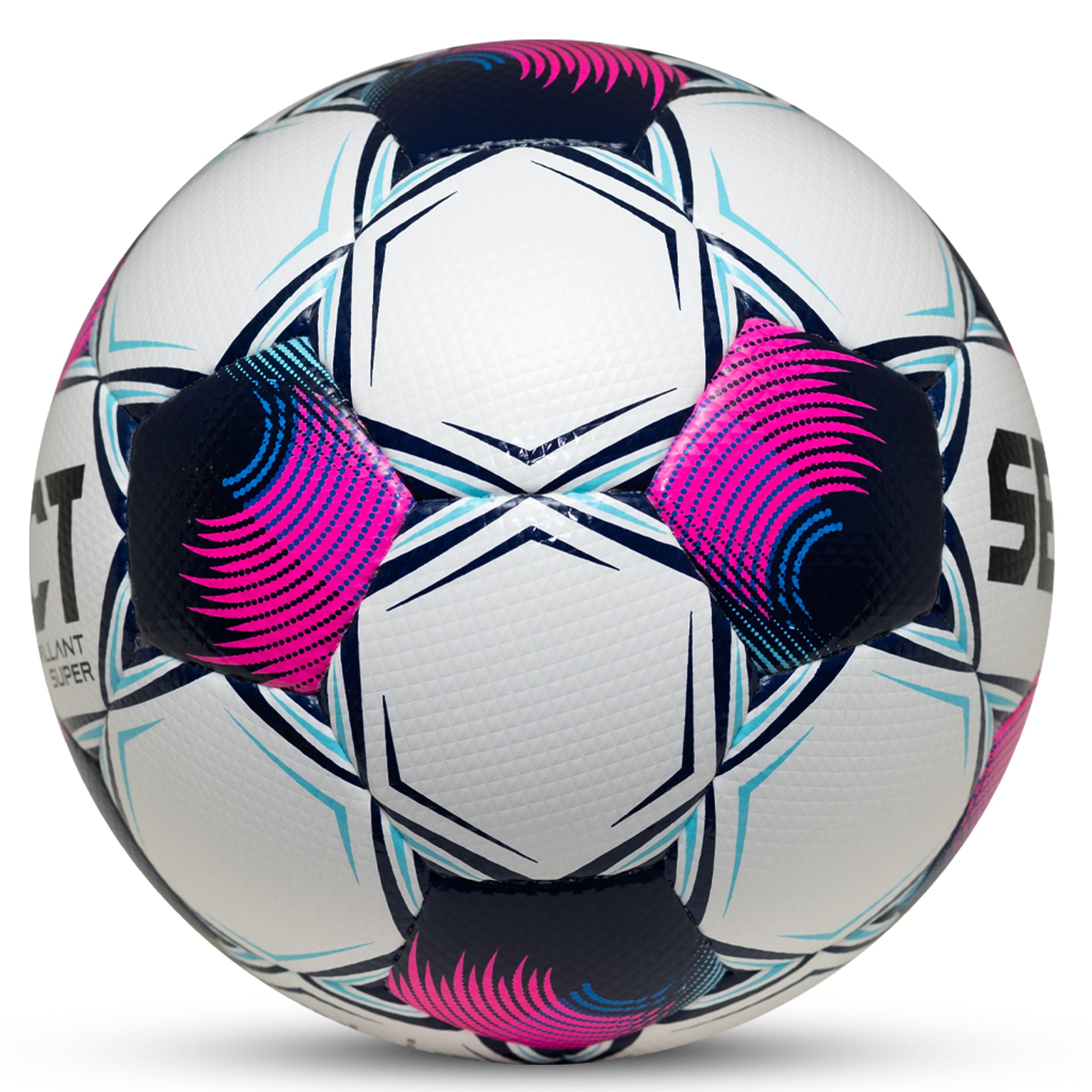 Side view of white soccer ball with black pentagons, blue and pink accents and 'Select' branding on a white background. Used by the NAIA