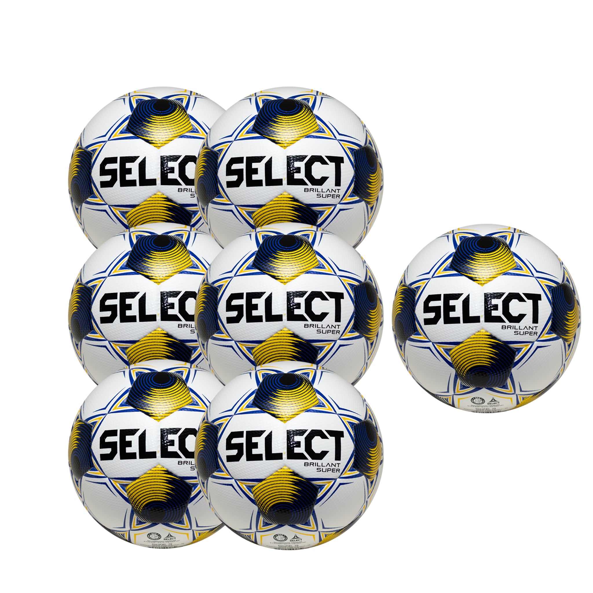 7 white, blue, and yellow SELECT soccer balls with 3C2A logo
