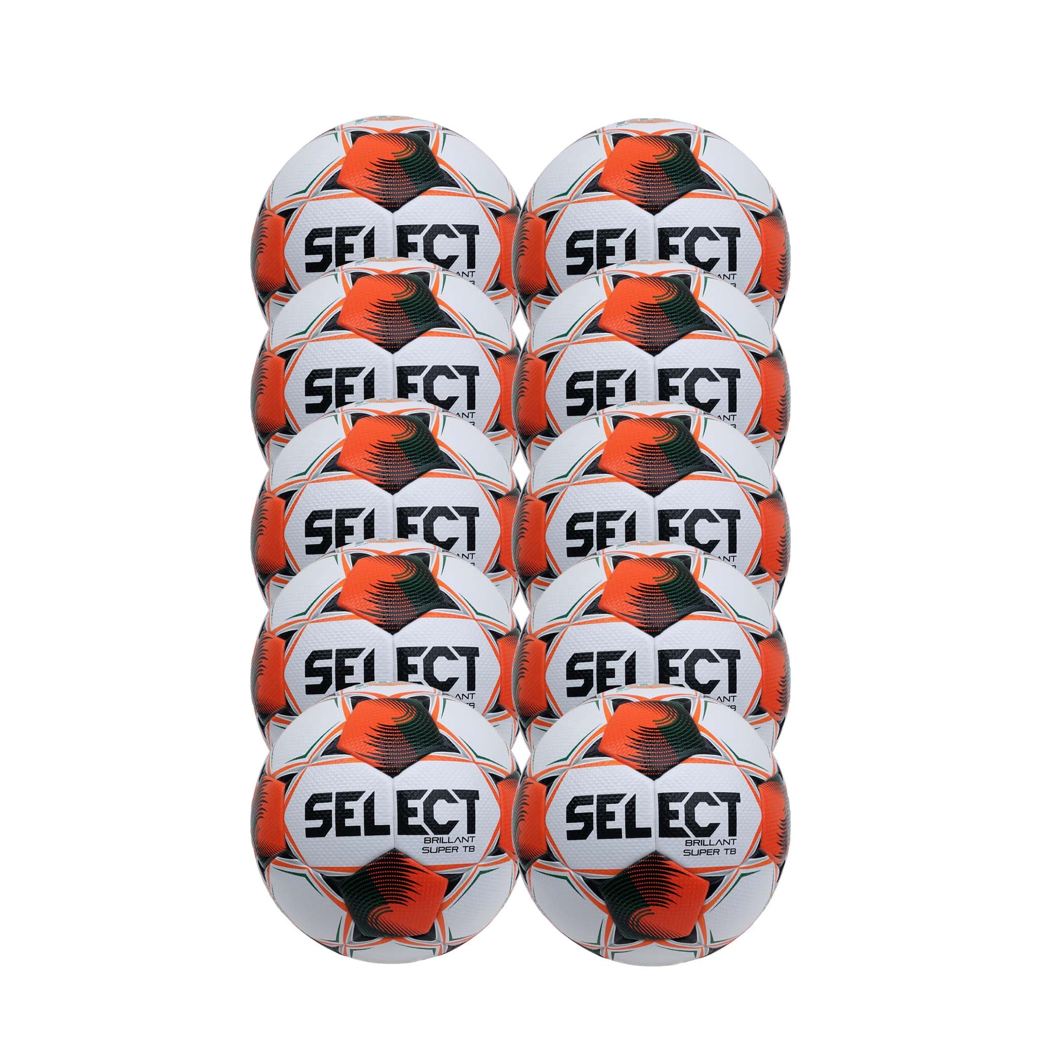 A pack of ten  SELECT soccer balls arranged in two vertical columns, featuring a white base with orange and black graphic patterns and the SELECT brand name printed prominently. PBC official match balls/