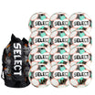 A set of 12 white soccer balls with black, teal, and coral accents, branded with 'Select', and a black duffle bag with the word 'SELECT' written on it. 