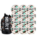 A set of 12 white soccer balls with black, teal, and coral accents, branded with 'Select', and a black duffle bag with the word 'SELECT' written on it. 