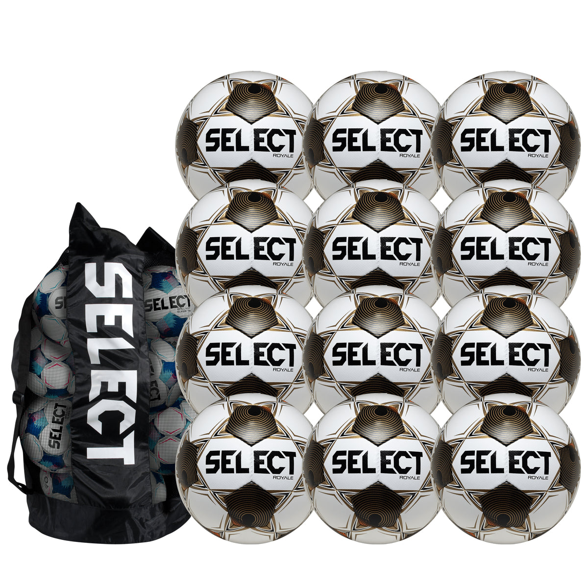 12 white soccer balls with black, gold and orange accents and a black carry bag. Branded SELECT