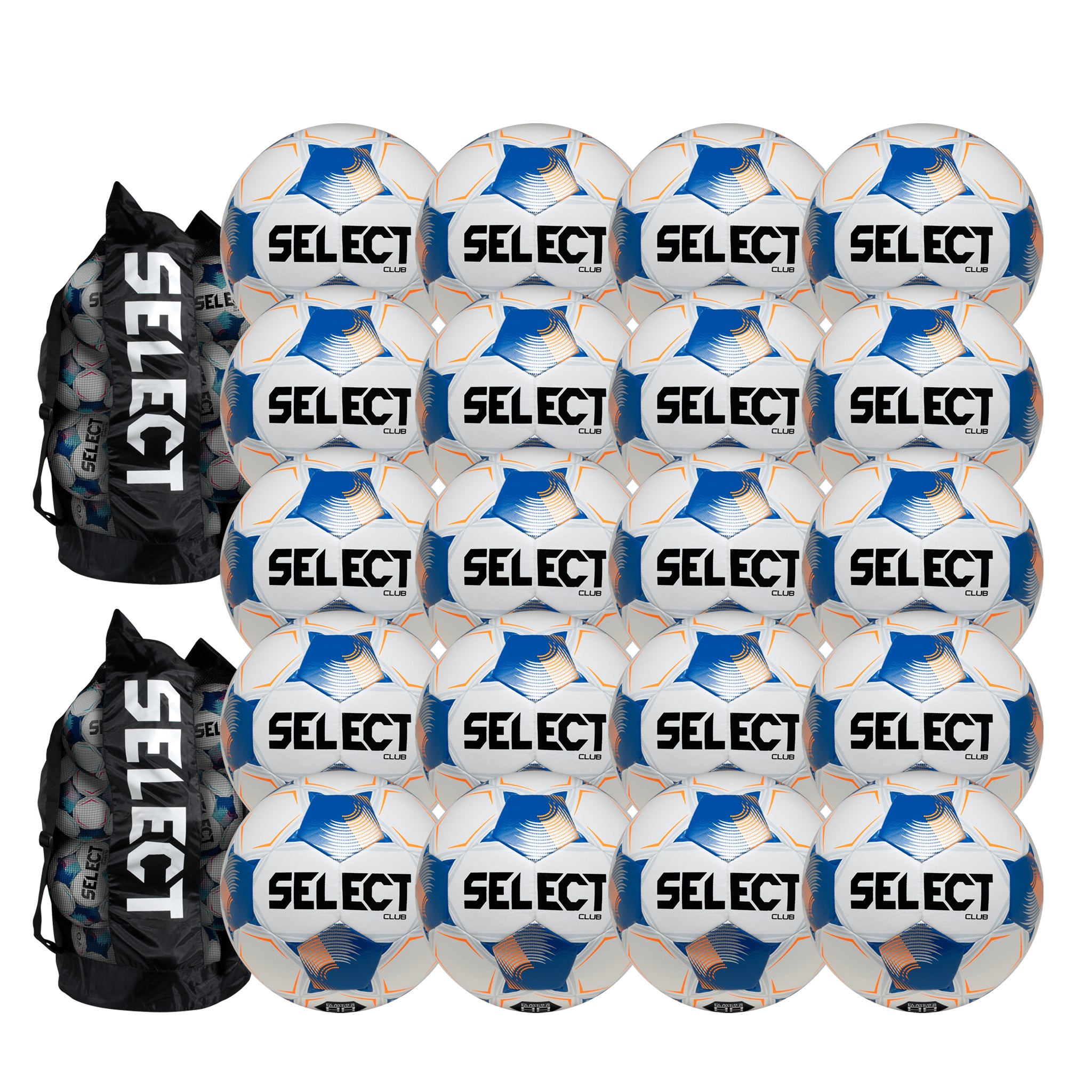 20 white soccer balls with blue and orange accents alongside two black duffle bags with branding SELECT