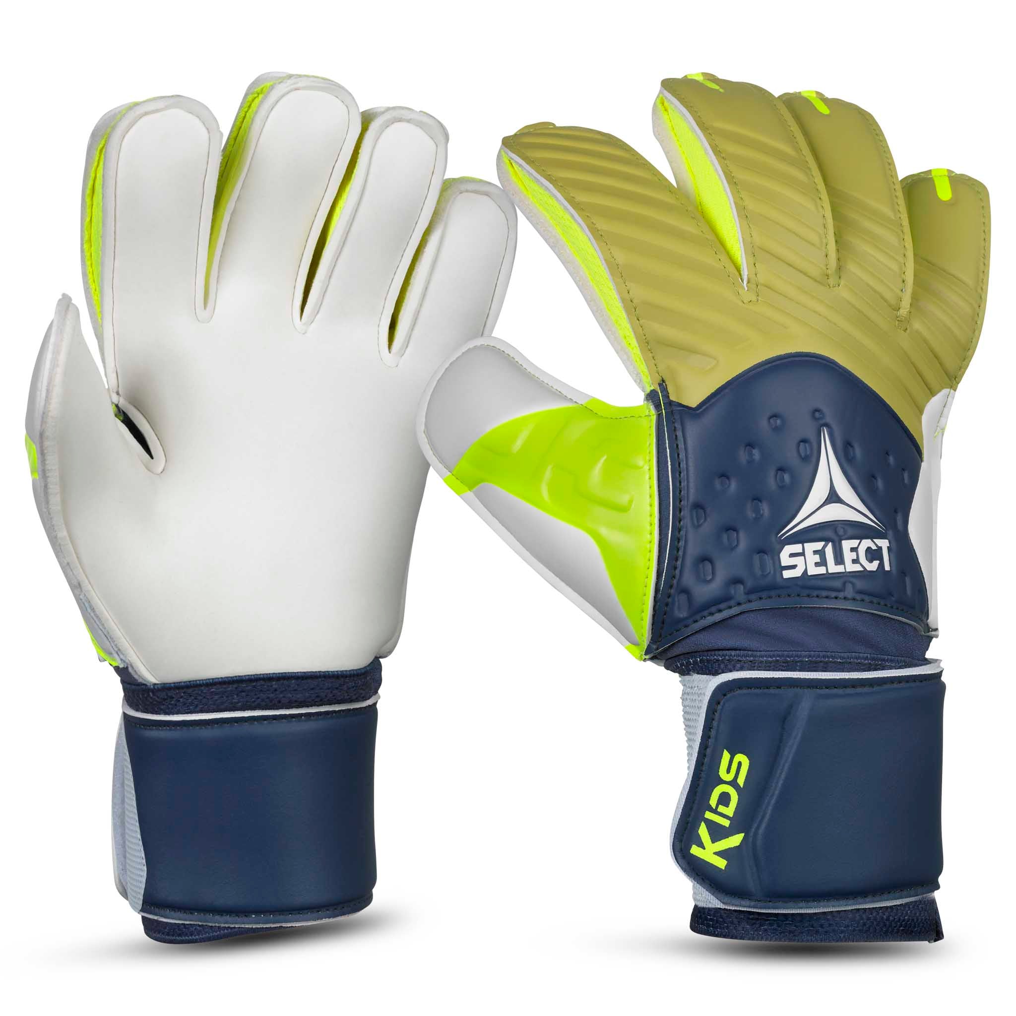 Youth goalkeeper glove with a navy and green backhand and white plam. Select logo on backhand #color_blue/green