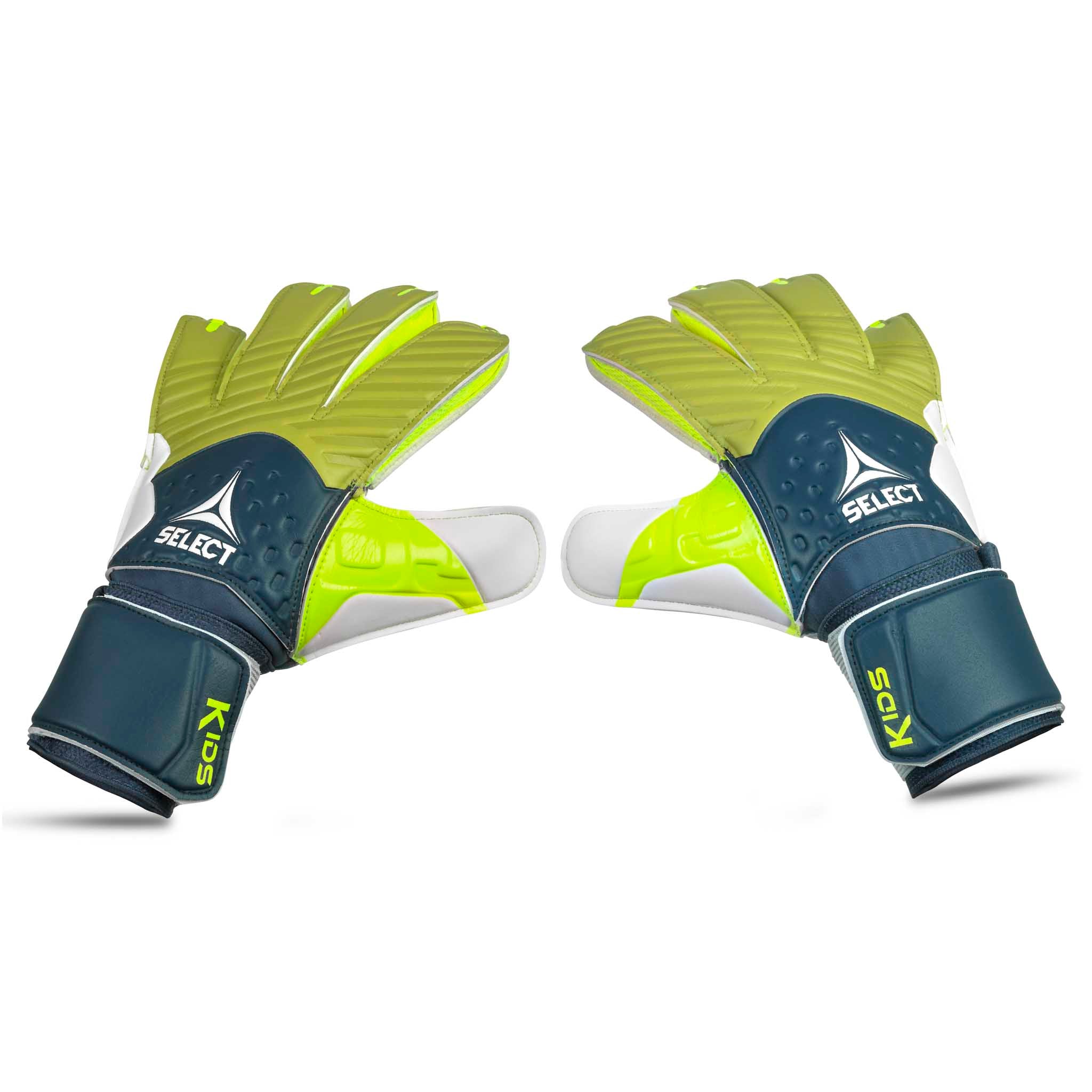 Youth goalkeeper glove with a navy and green backhand and white plam. Select logo on backhand #color_blue/green
