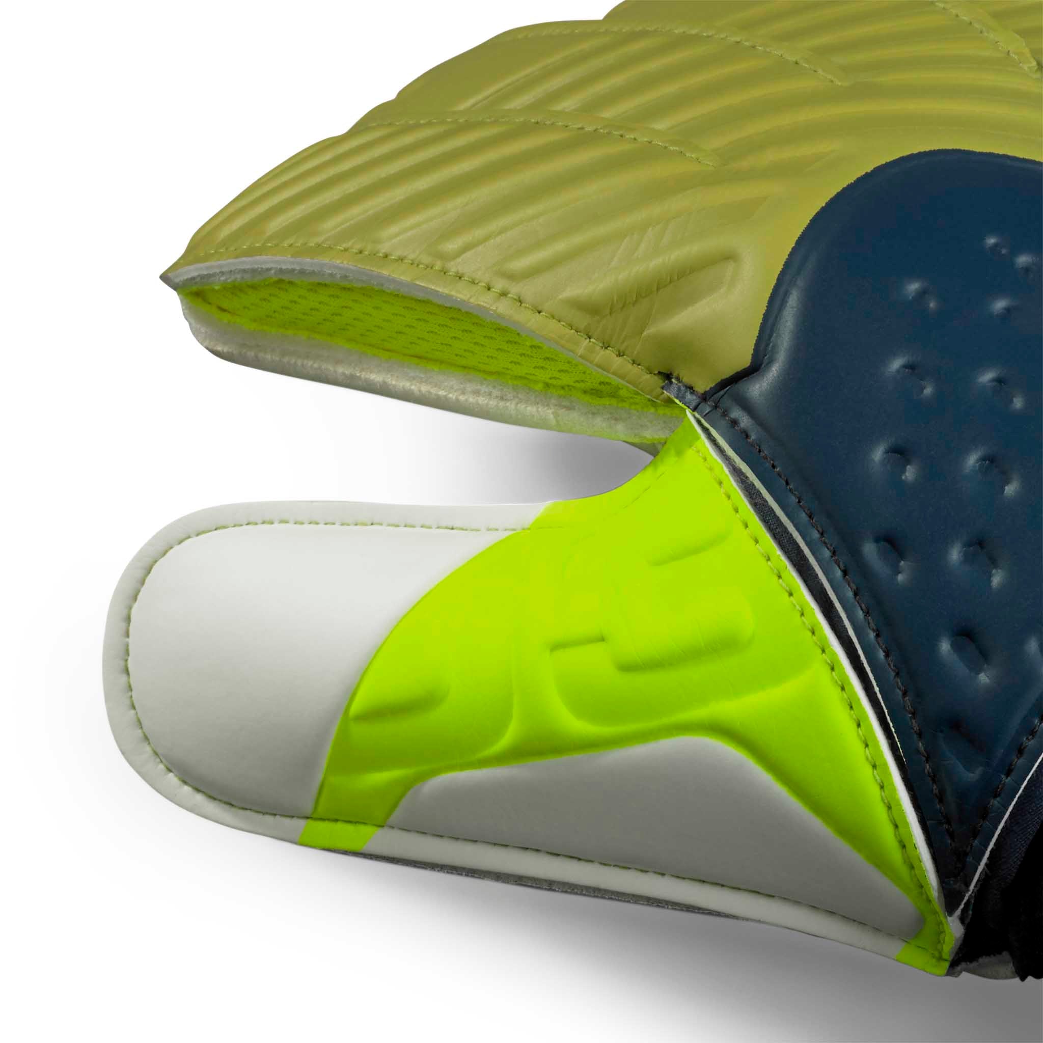 Youth goalkeeper glove with a navy and green backhand and white plam. Select logo on backhand #color_blue/green