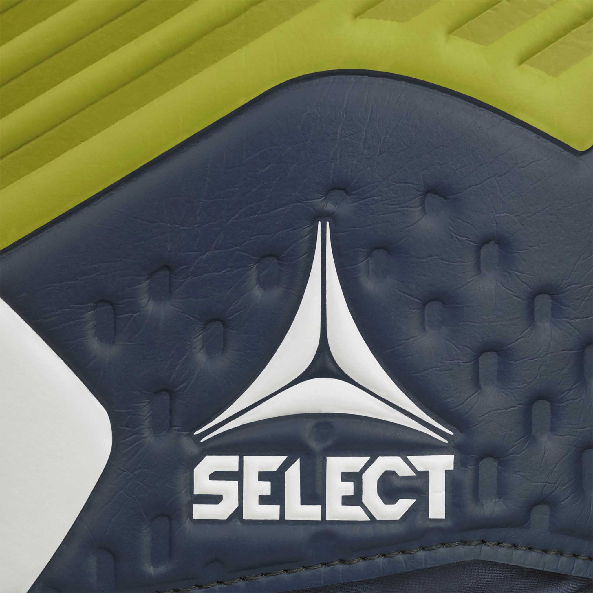 Youth goalkeeper glove with a navy and green backhand and white plam. Select logo on backhand #color_blue/green