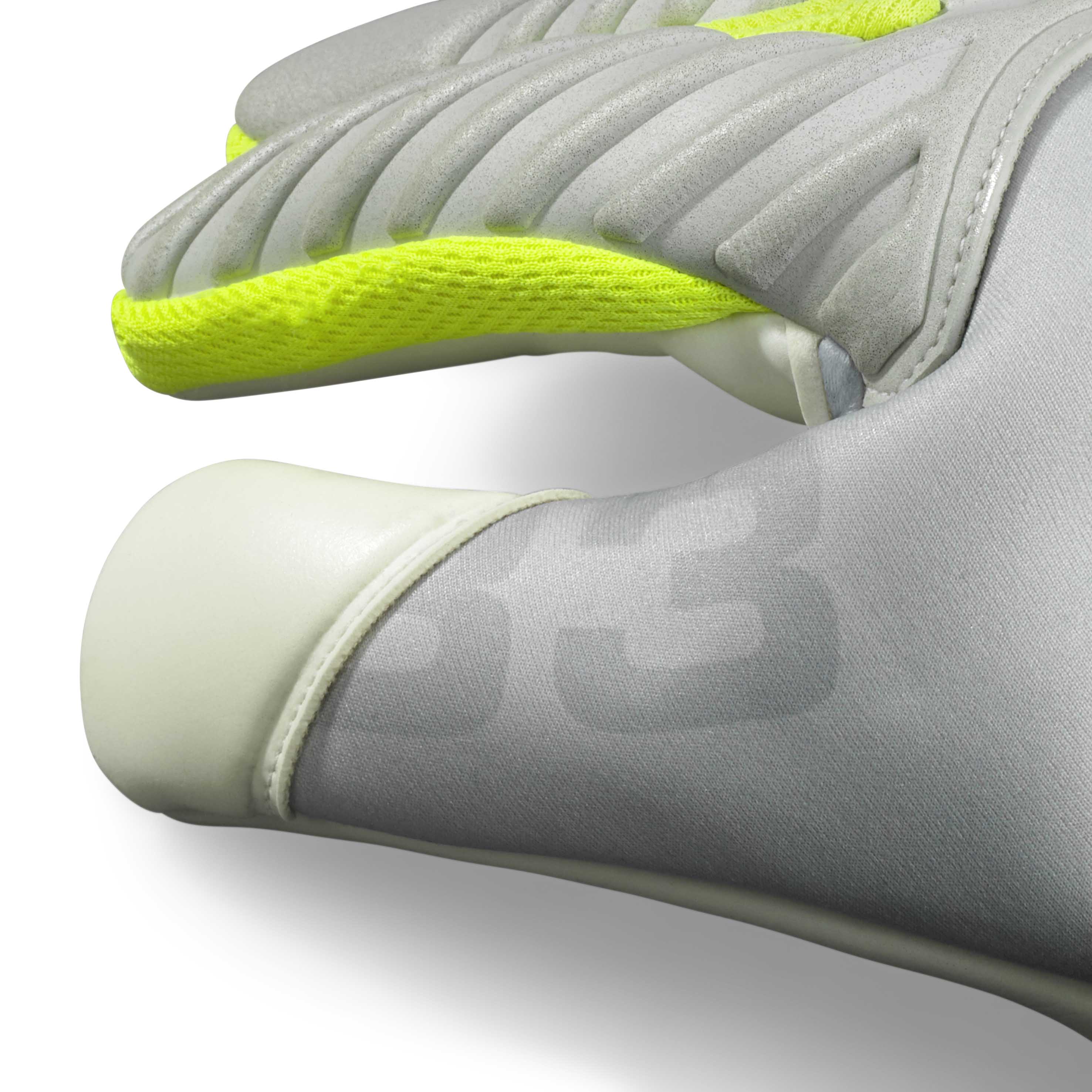 Adult goalkeeper glove with a grey backhand and white palm. Select logo on backhand. #color_grey