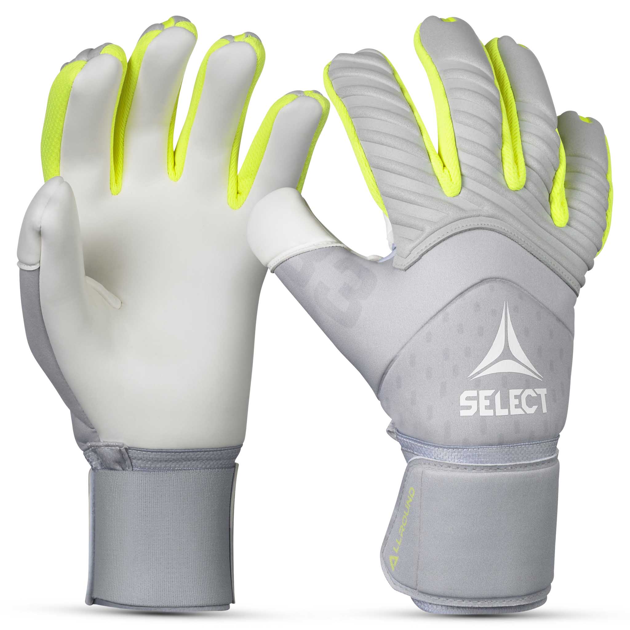 Adult goalkeeper glove with a grey backhand and white palm. Select logo on backhand. #color_grey