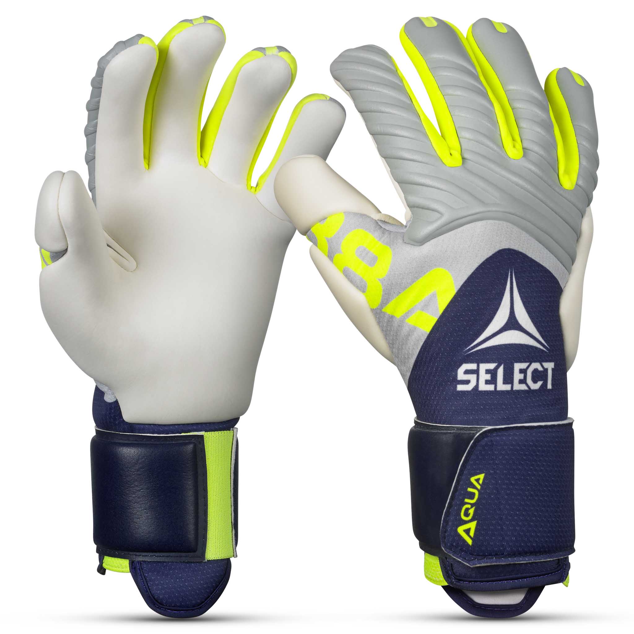 Adult goalkeeper glove with a blue backhand and white palm. Select logo on backhand #color_blue