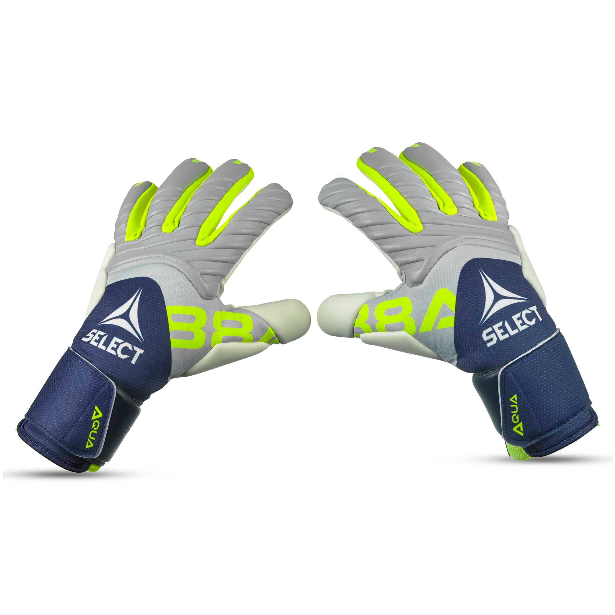 Adult goalkeeper glove with a blue backhand and white palm. Select logo on backhand #color_blue