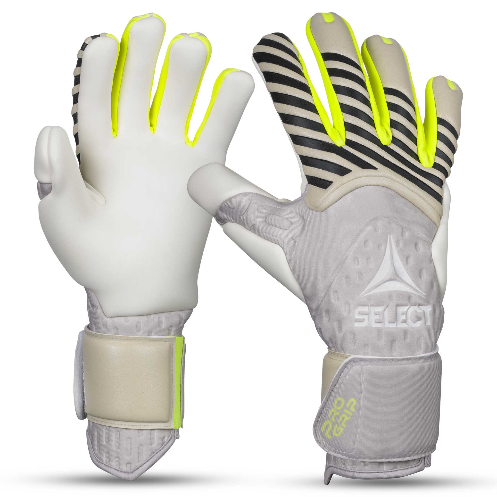 Adult goalkeeper glove with a white backhand and palm. Select logo on backhand. #color_white/white