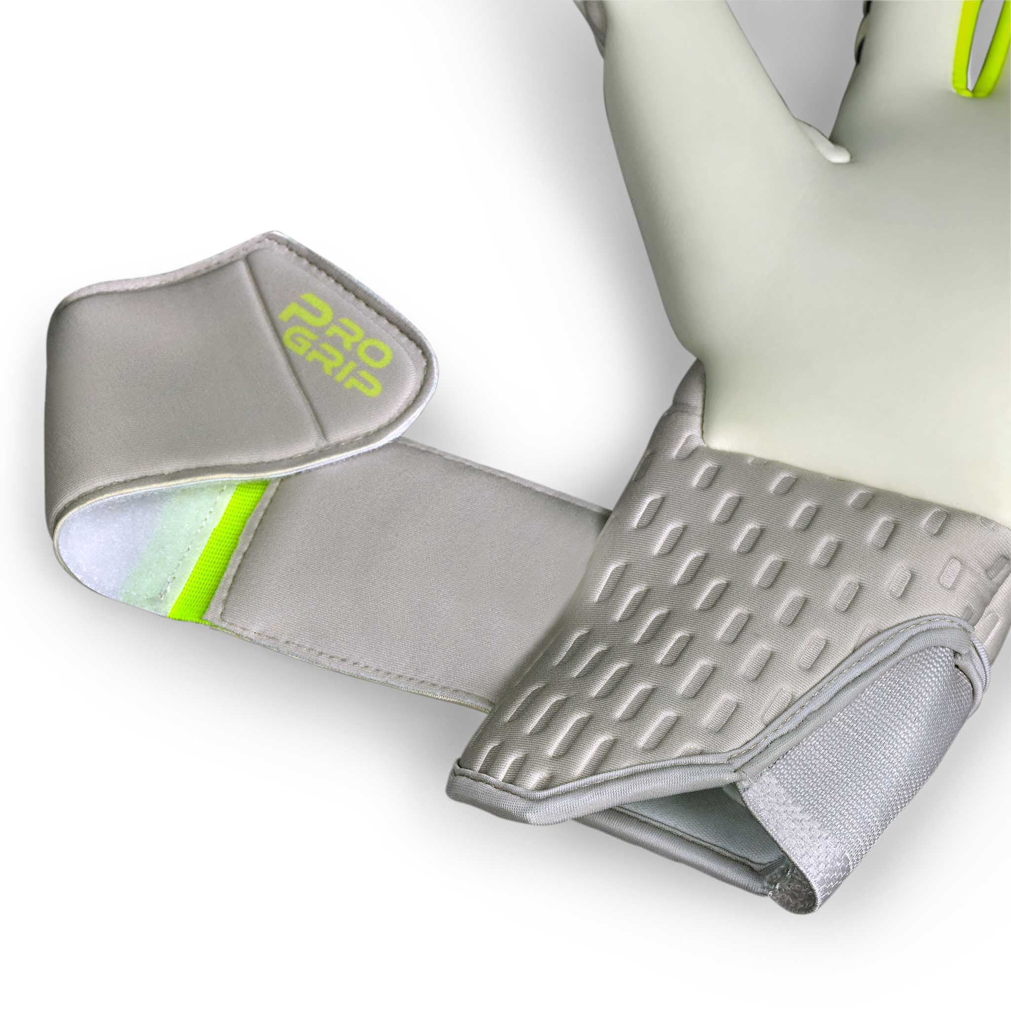 Adult goalkeeper glove with a white backhand and palm. Select logo on backhand. #color_white/white