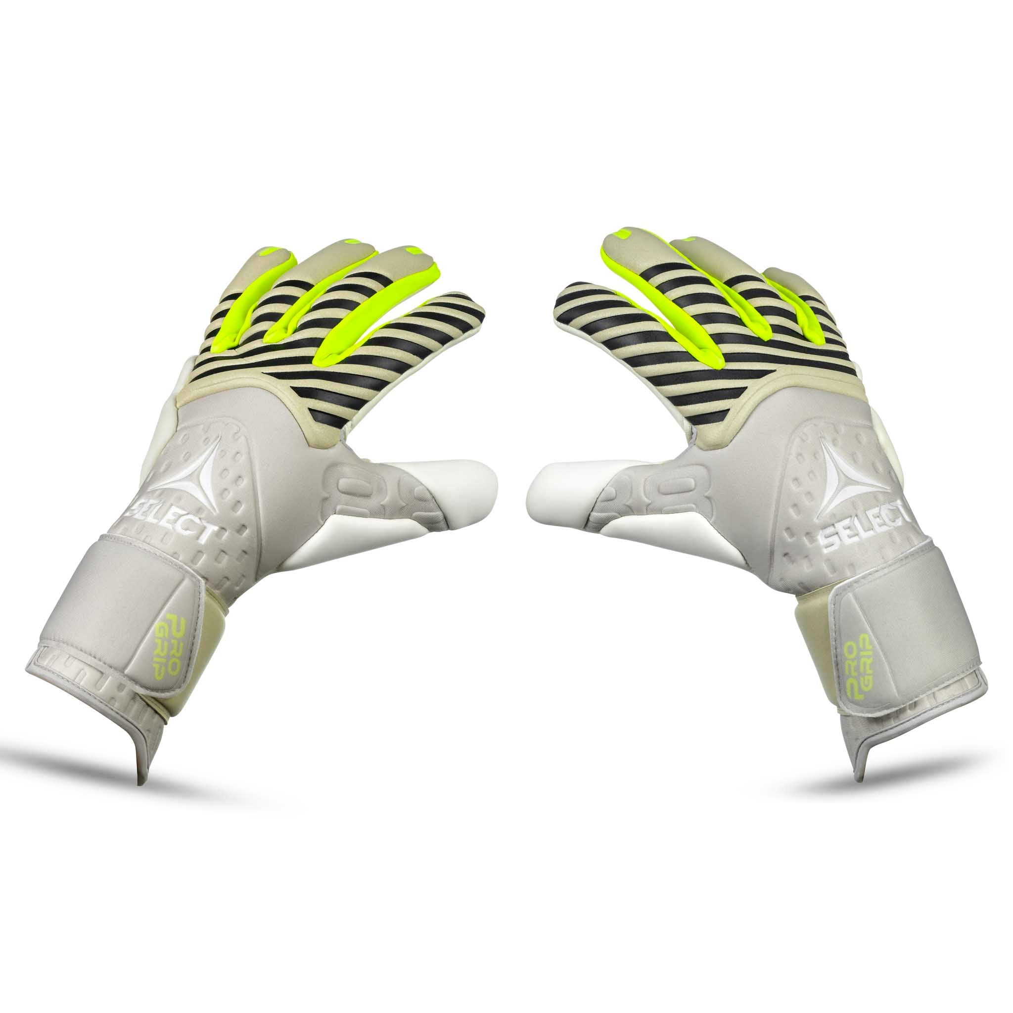 Adult goalkeeper glove with a white backhand and palm. Select logo on backhand. #color_white/white