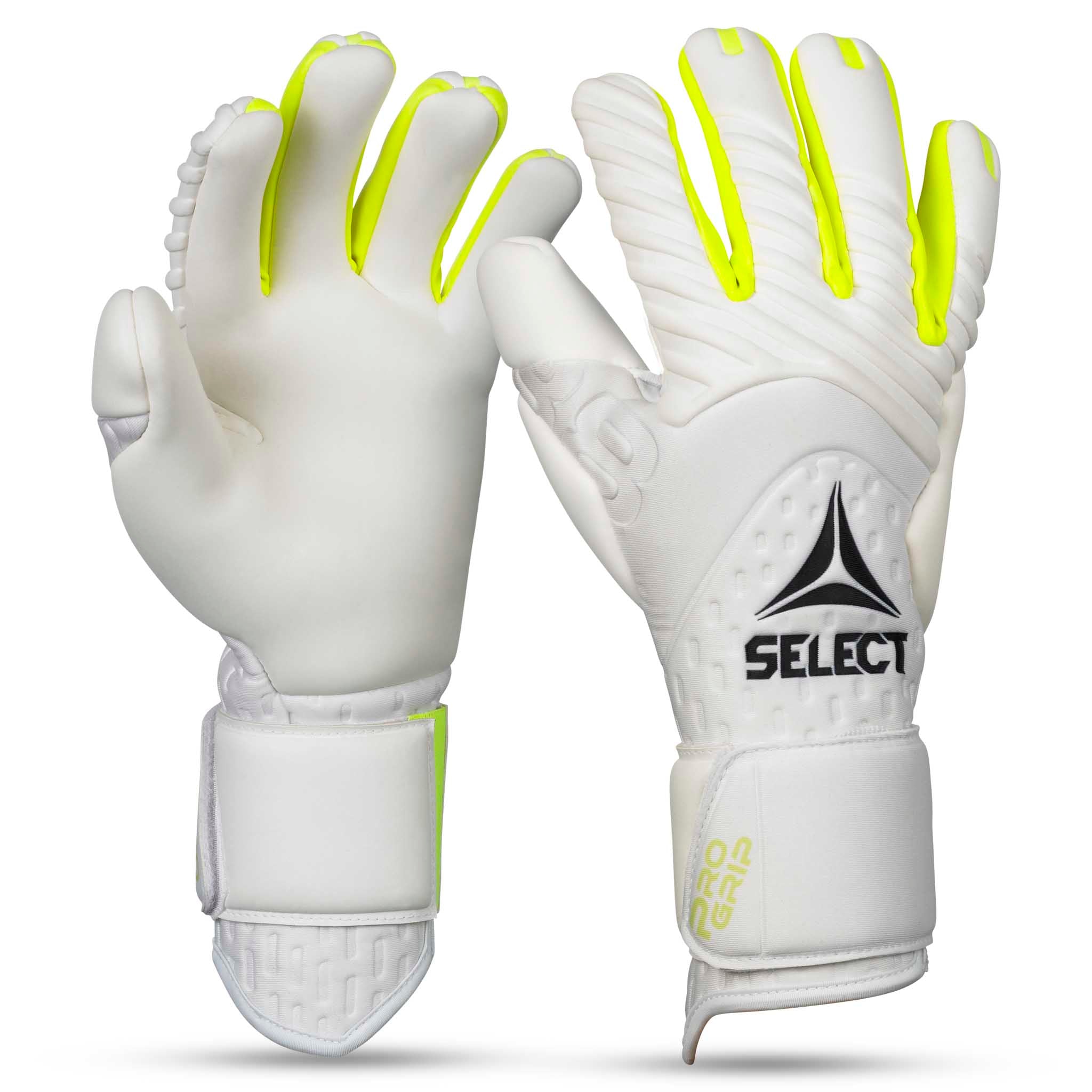 Adult goalkeeper glove with a white backhand and palm. Select logo on backhand. #color_white/white