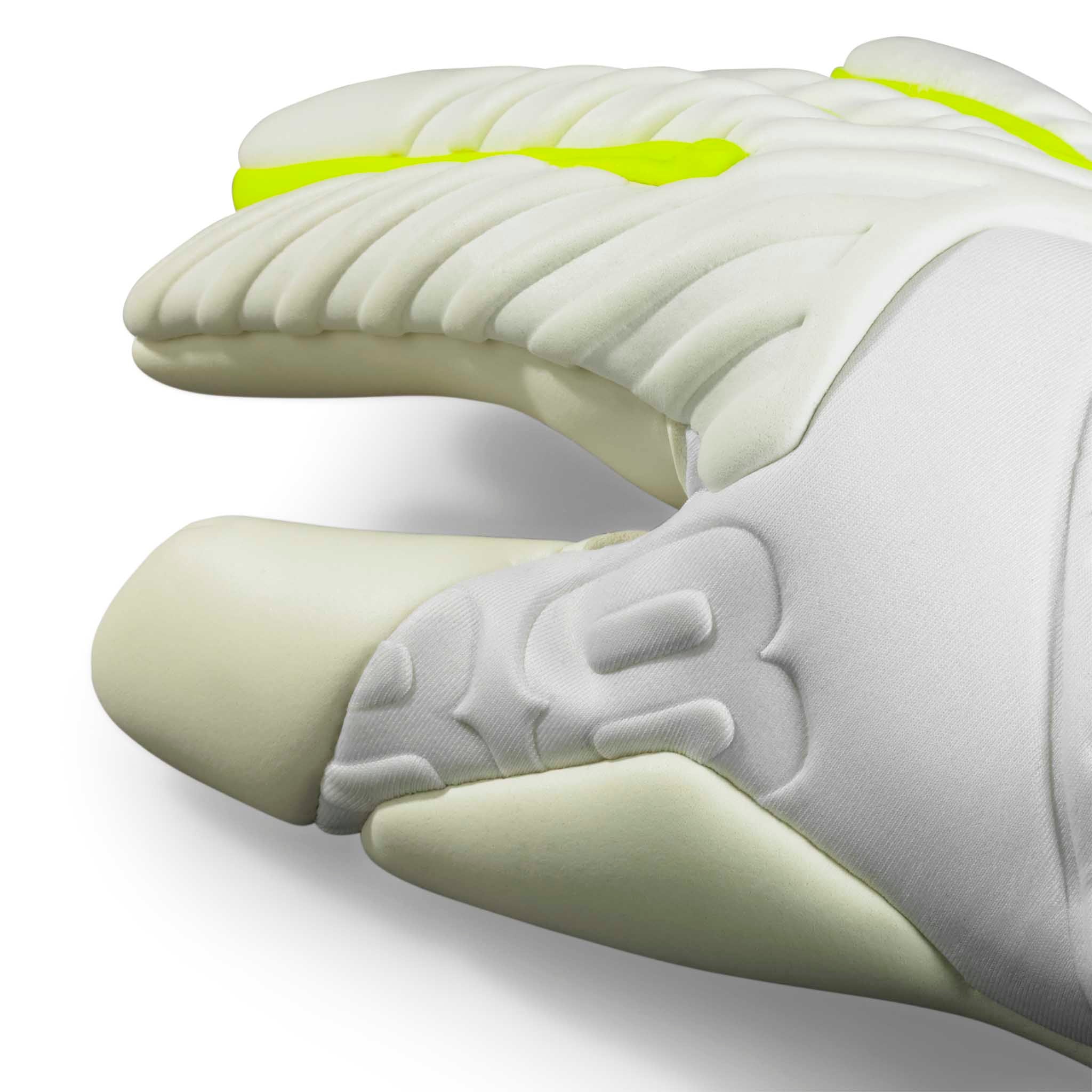 Adult goalkeeper glove with a white backhand and palm. Select logo on backhand. #color_white/white