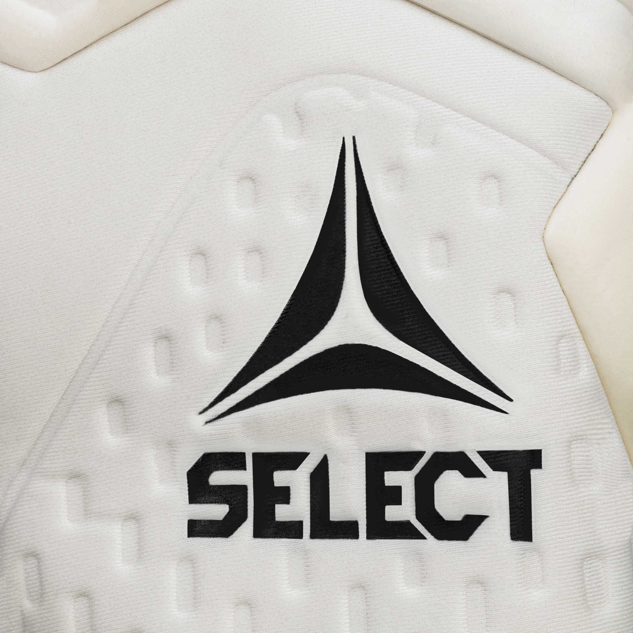 Adult goalkeeper glove with a white backhand and palm. Select logo on backhand. #color_white/white