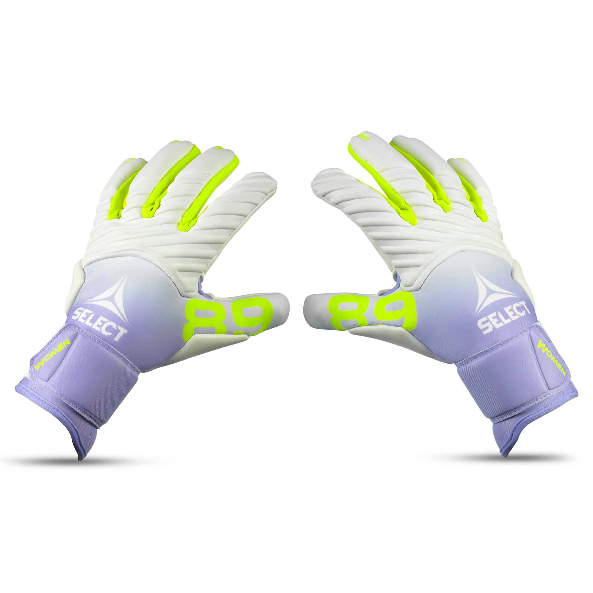Women's cut goalkeeper glove with a pink and white backhand and a white palm. Select logo on backhand. #color_pink/beige/white