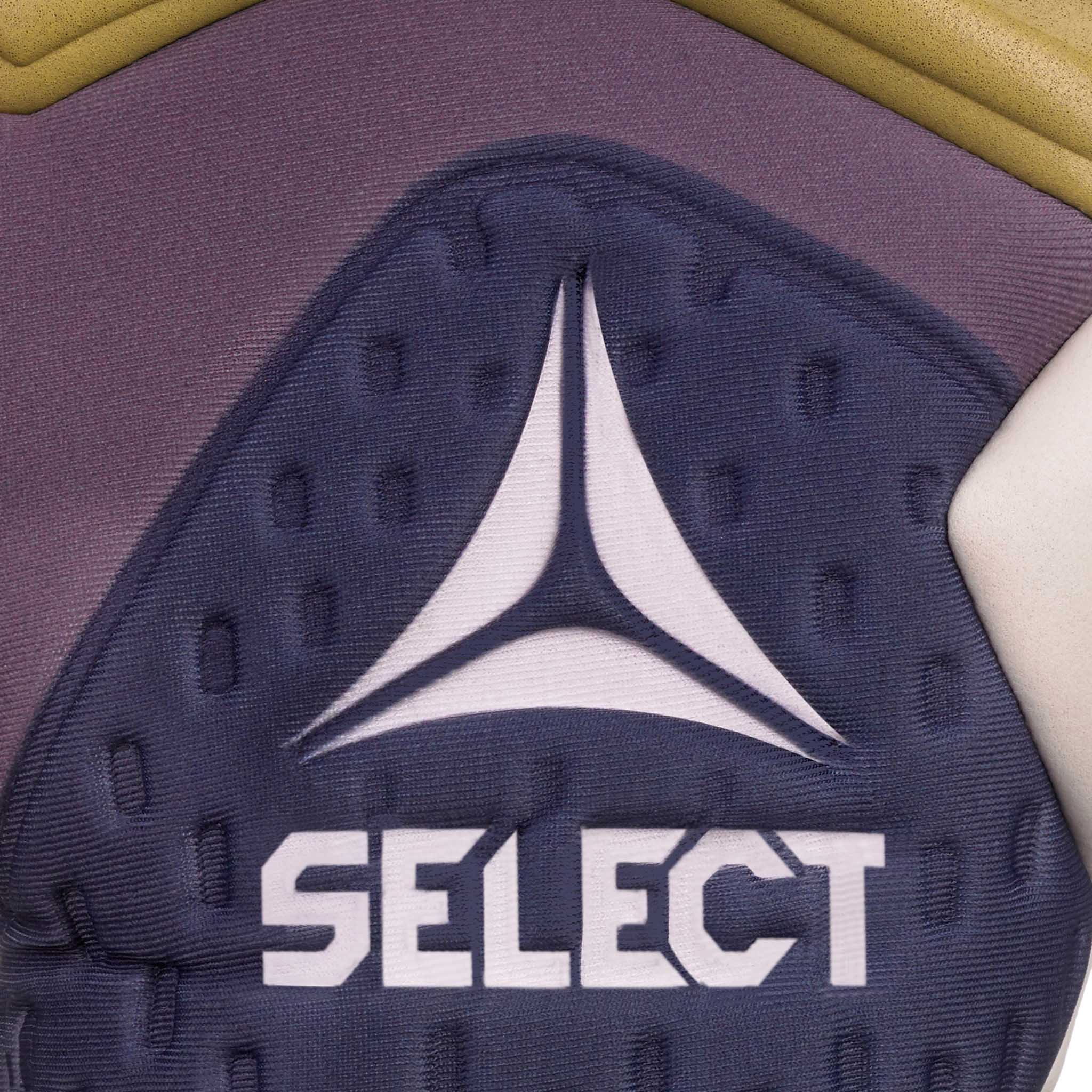 Adult goalkeeper glove with a blue and green backhand and a white palm. Select logo on backhand #color_blue/green