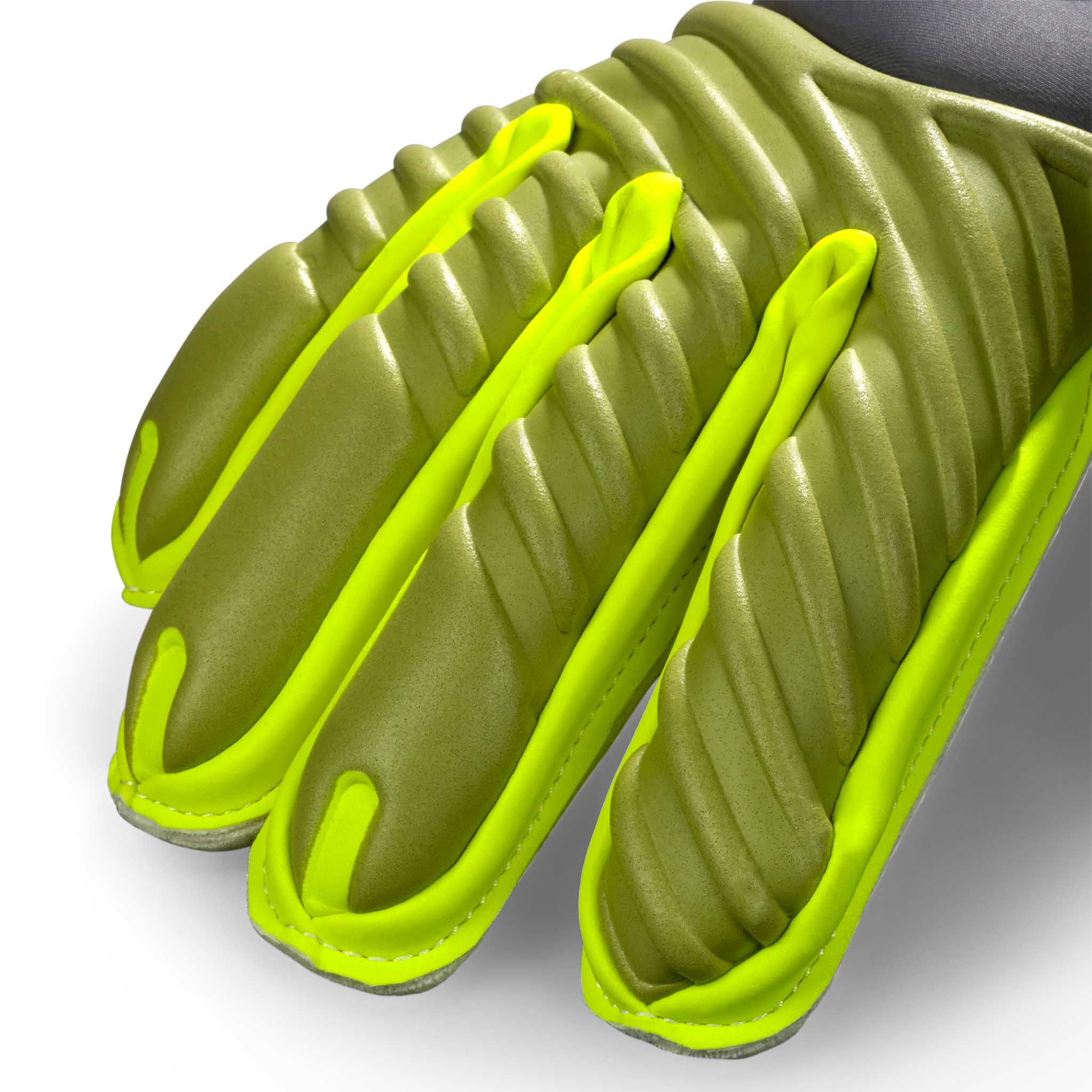 Adult goalkeeper glove with a blue and green backhand and a white palm. Select logo on backhand #color_blue/green