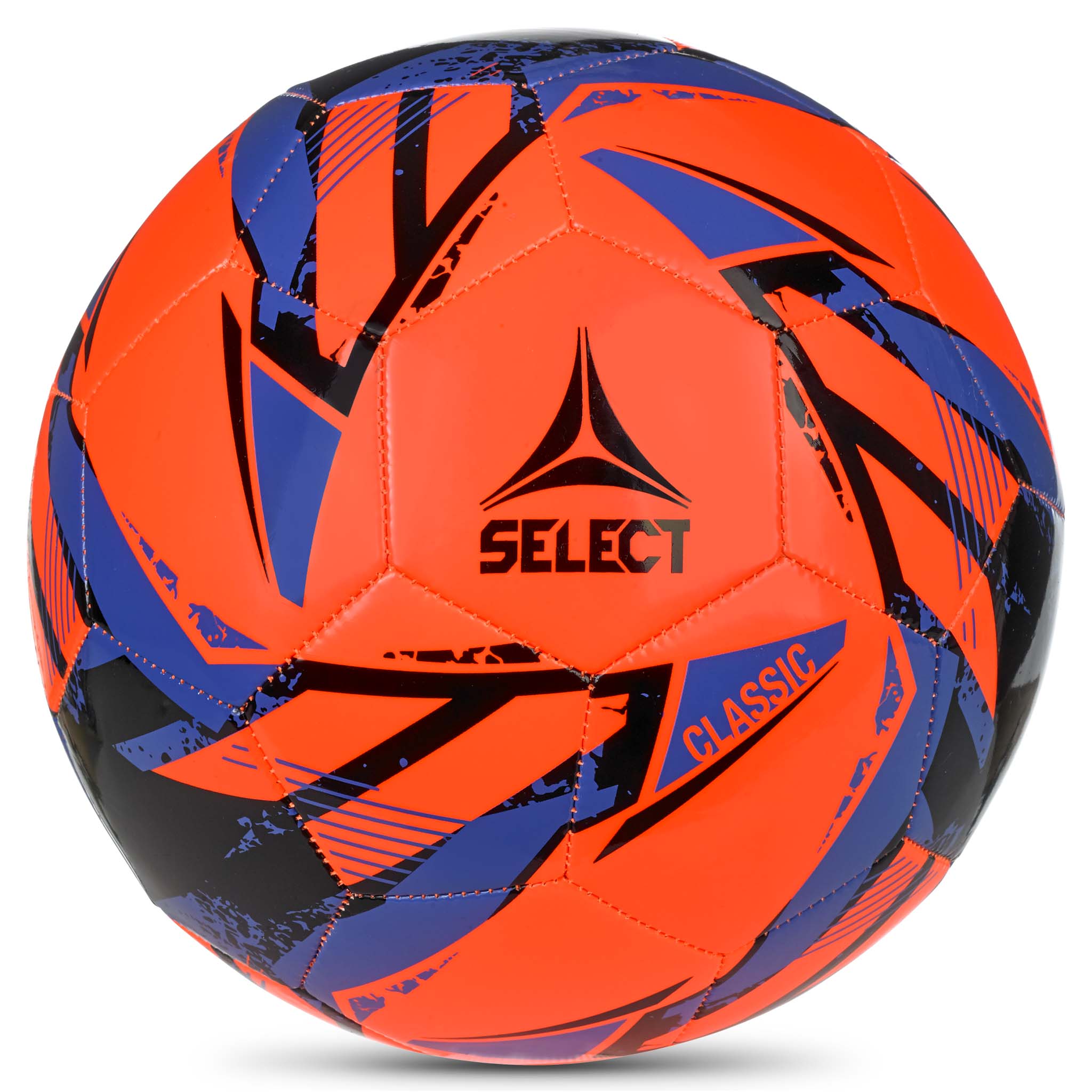 Orange soccer ball with black and purple accents featuring the Select logo, front view