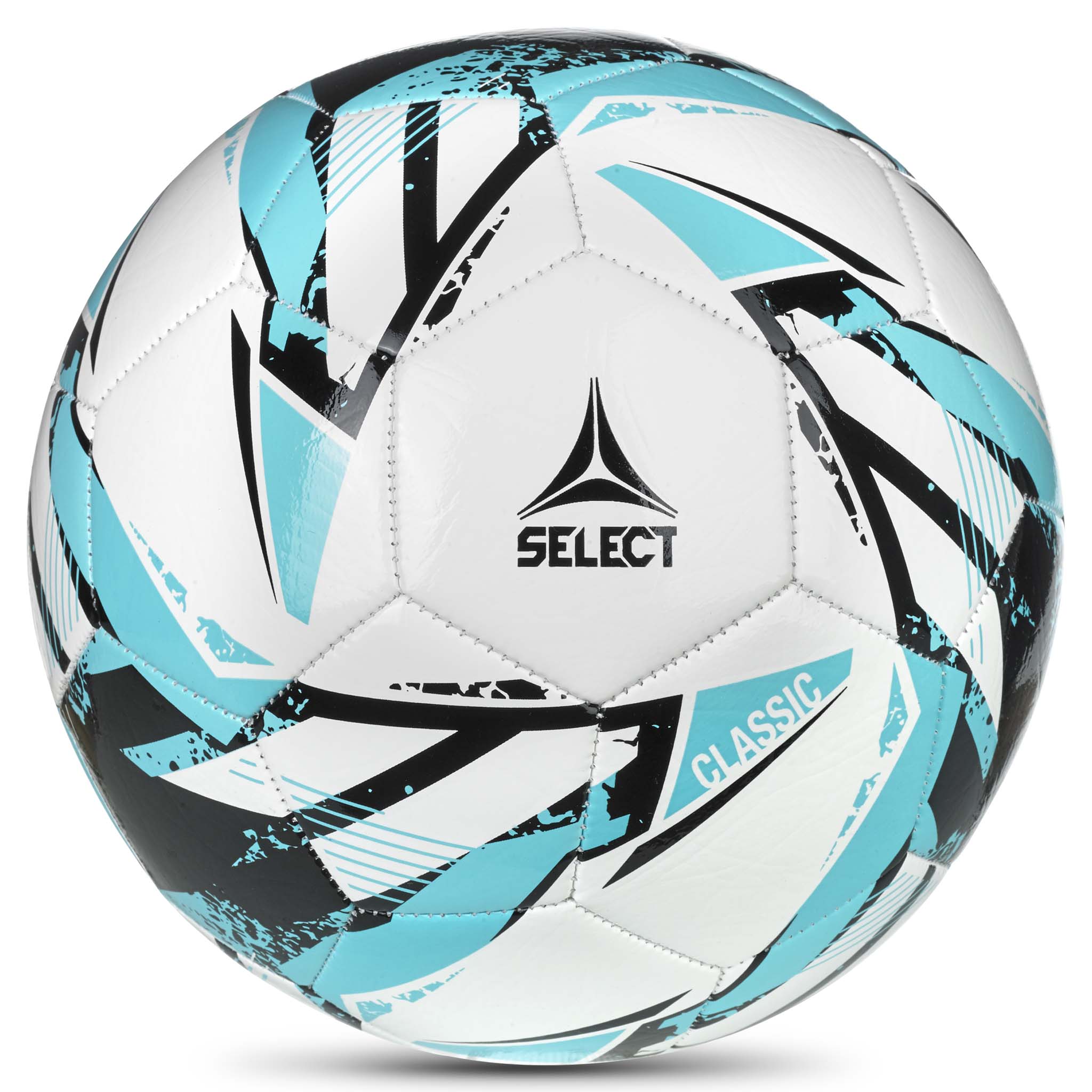 White soccer ball with black and lightblue accents featuring the Select logo #color_white/blue