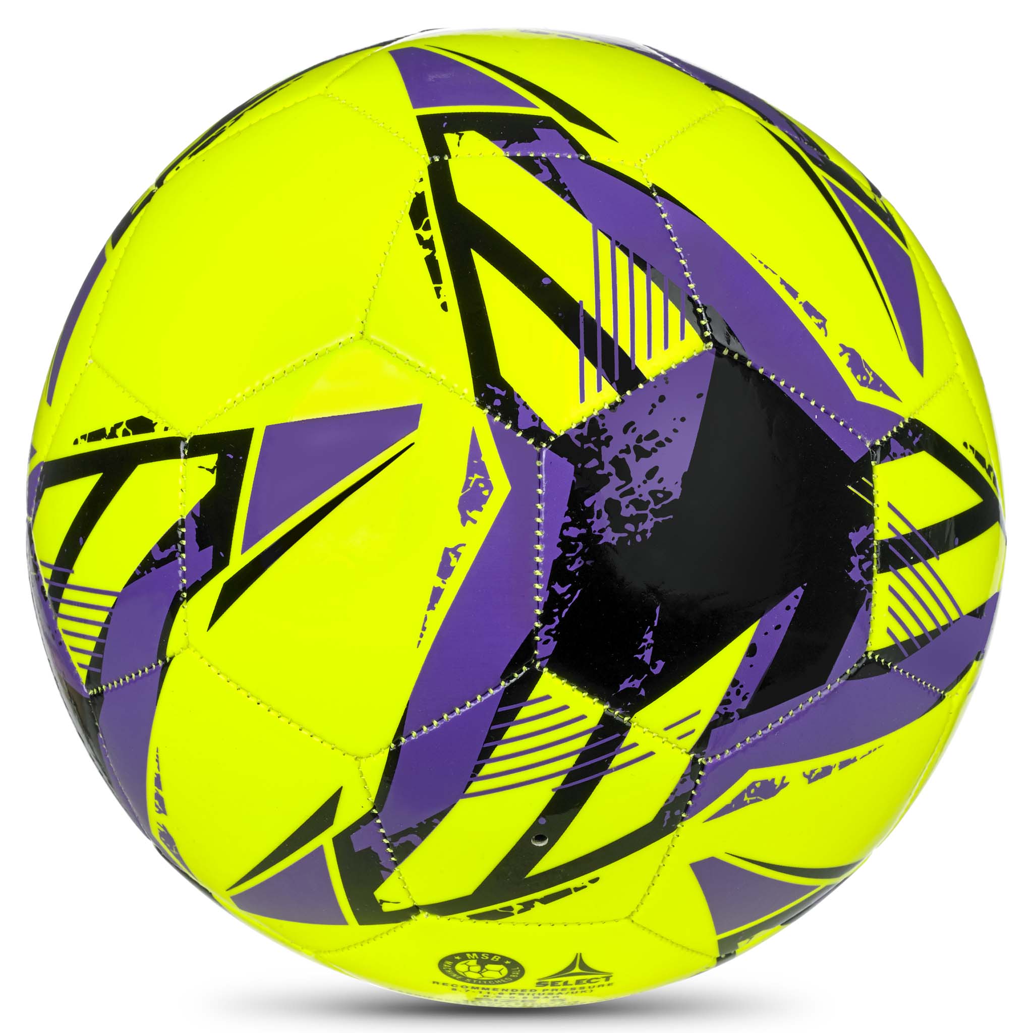 Yellow soccer ball with black and purple accents featuring the Select logo #color_ #color_yellow/purple
