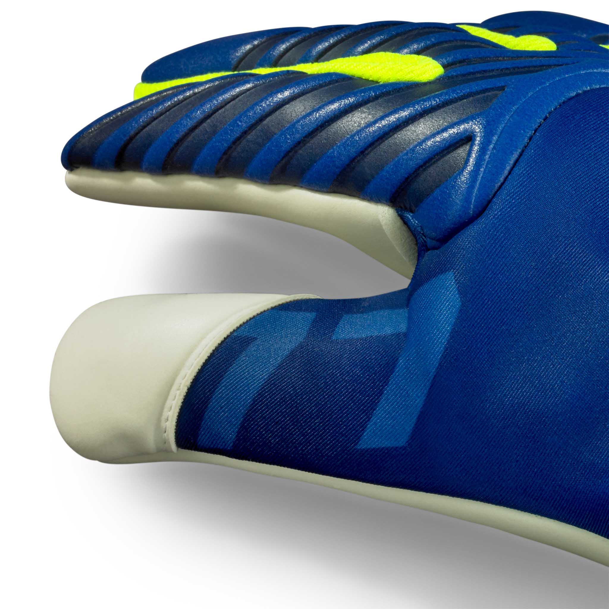Adult goalkeeper glove with a blue backhand and white palm. Select logo on backhand #color_blue