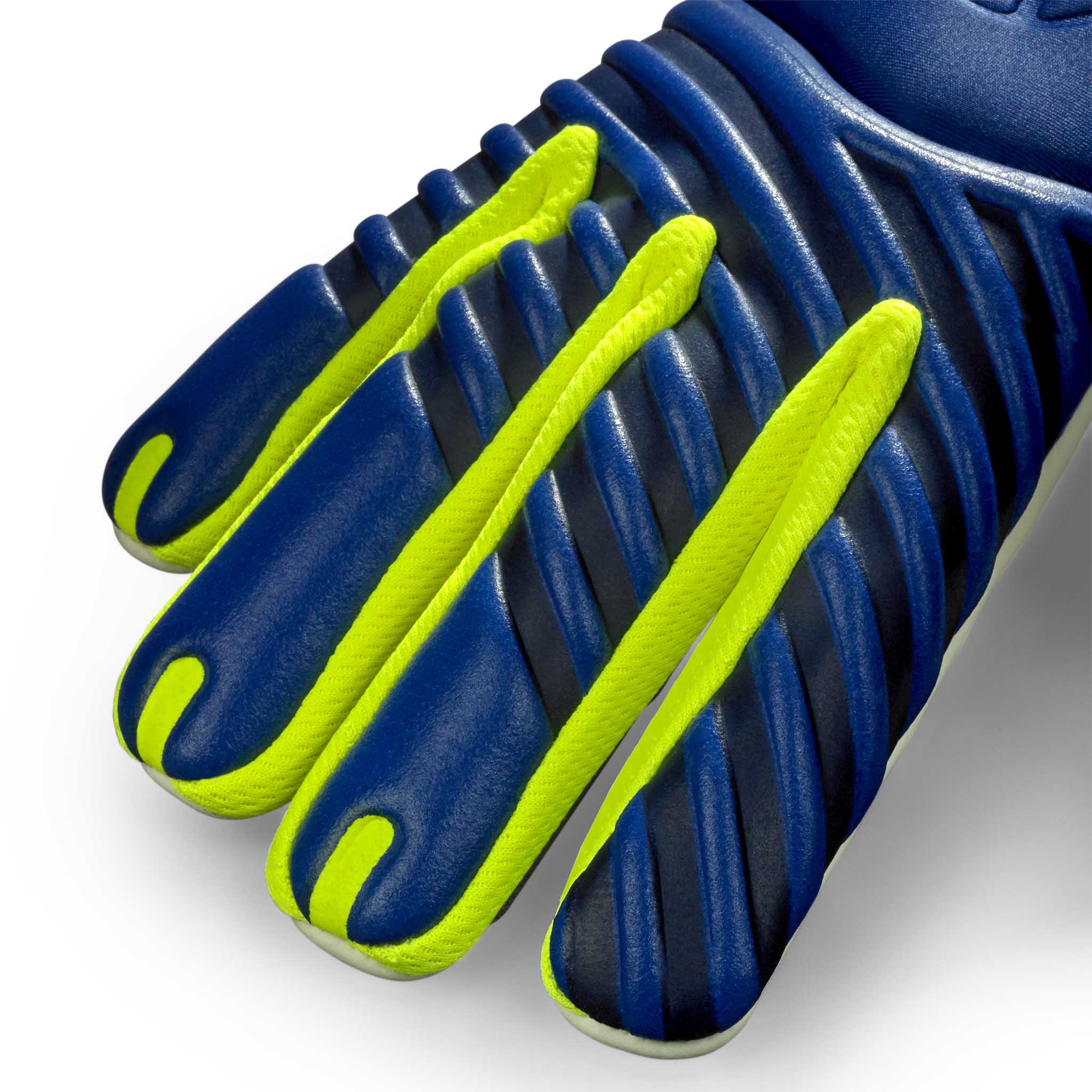Adult goalkeeper glove with a blue backhand and white palm. Select logo on backhand #color_blue