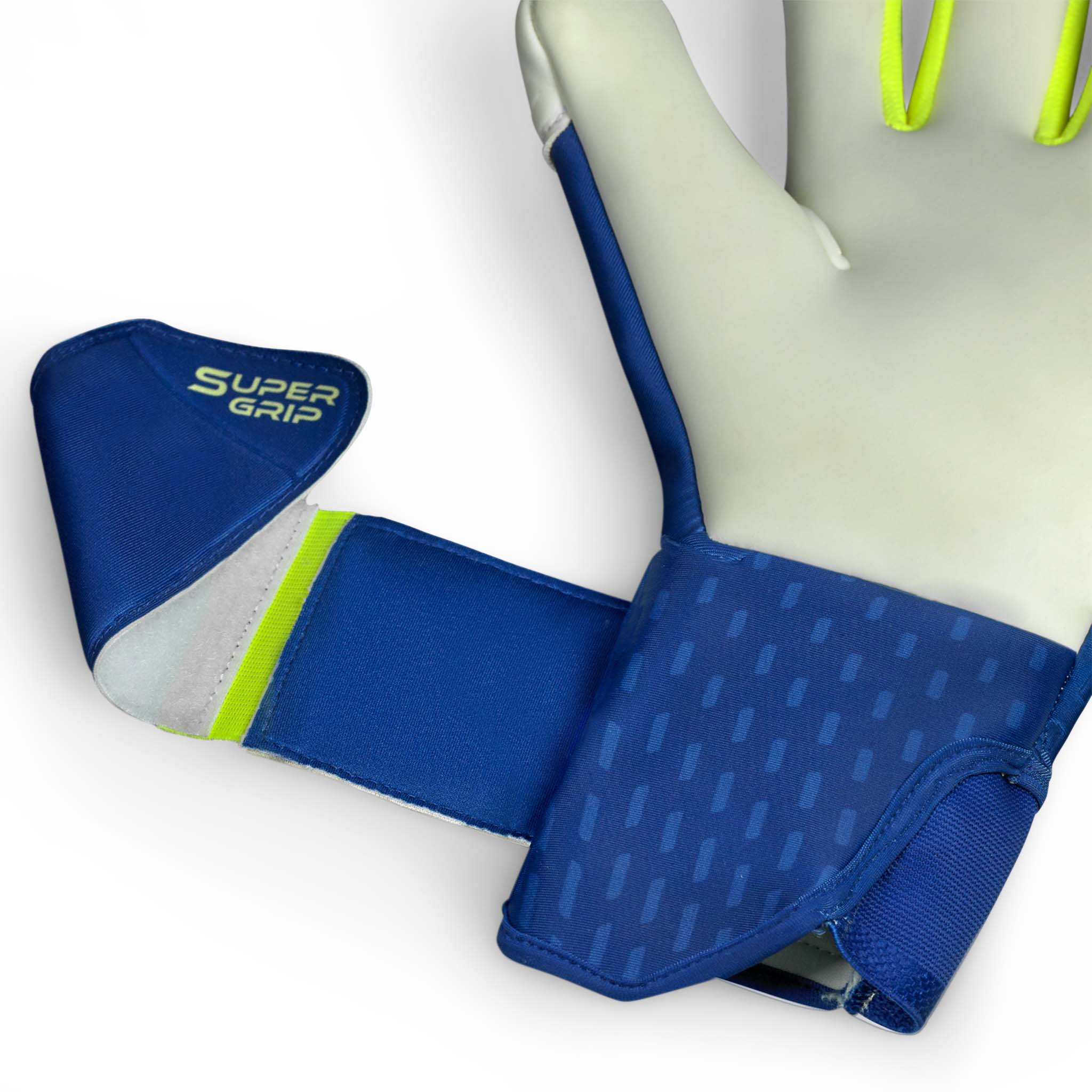 Adult goalkeeper glove with a blue backhand and white palm. Select logo on backhand #color_blue