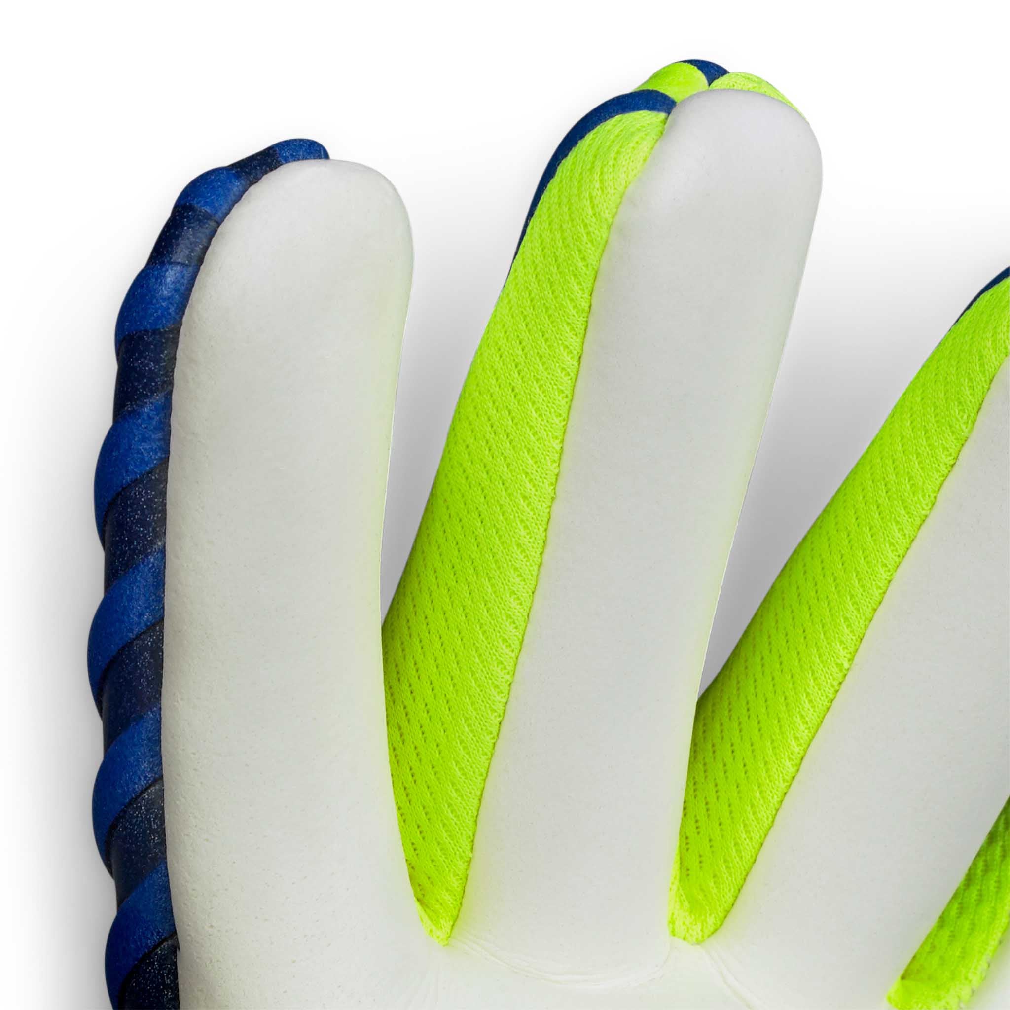 Adult goalkeeper glove with a blue backhand and white palm. Select logo on backhand #color_blue