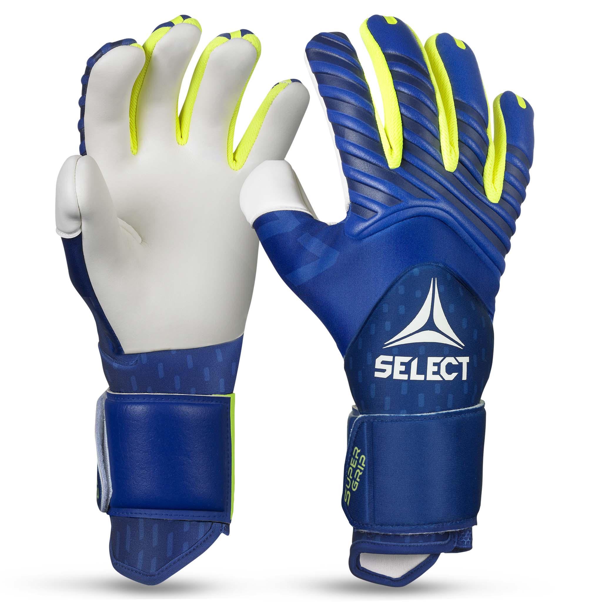 Adult goalkeeper glove with a blue backhand and white palm. Select logo on backhand #color_blue