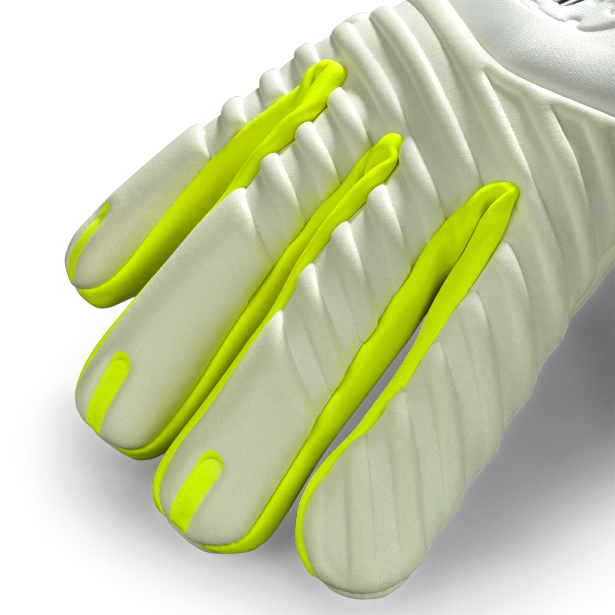 Adult goalkeeper glove with a white backhand and palm. Select logo on backhand. #color_white/white