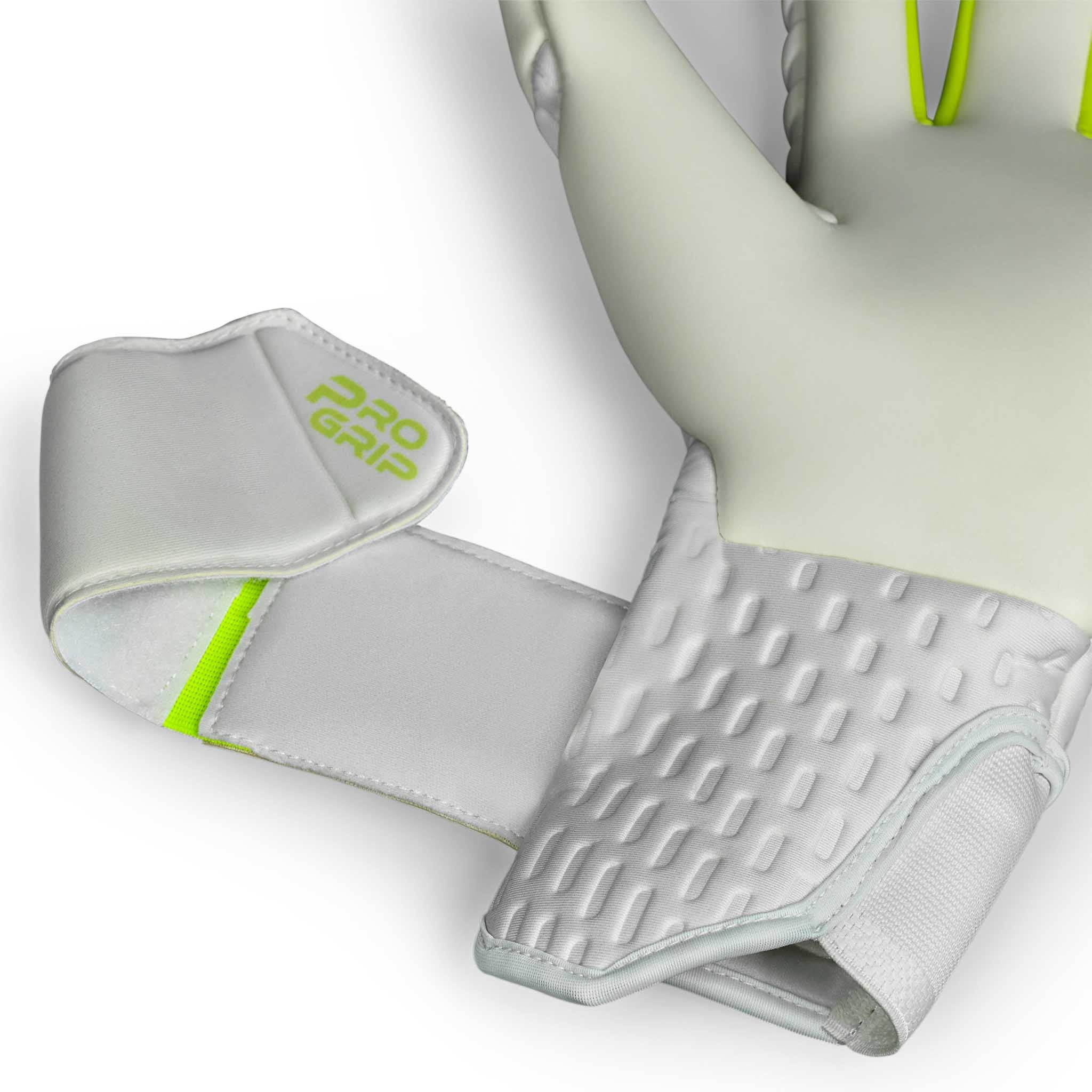 Adult goalkeeper glove with a white backhand and palm. Select logo on backhand. #color_white/white