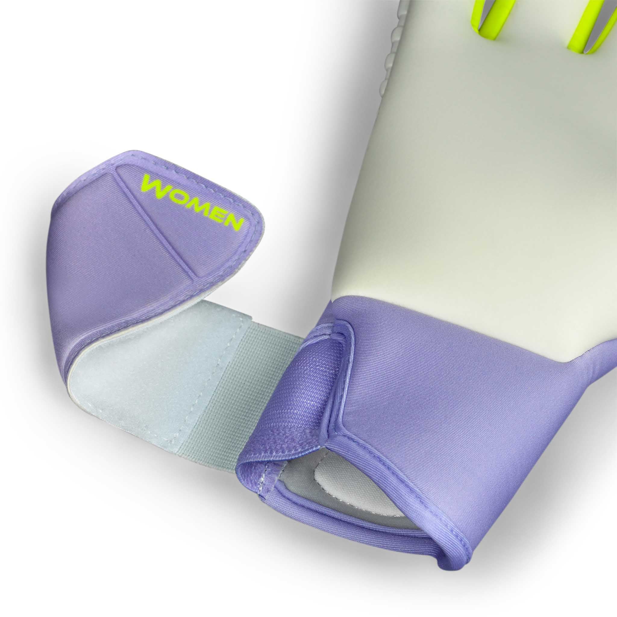 Women's cut goalkeeper glove with a pink and white backhand and a white palm. Select logo on backhand. #color_pink/beige/white
