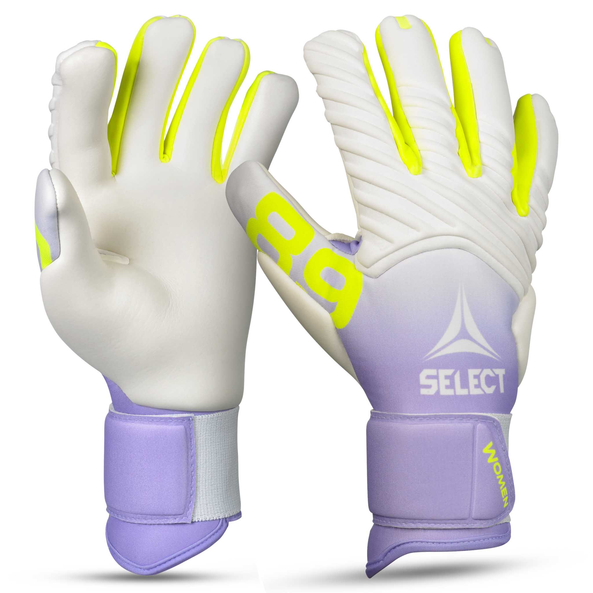 Women's cut goalkeeper glove with a pink and white backhand and a white palm. Select logo on backhand. #color_pink/beige/white
