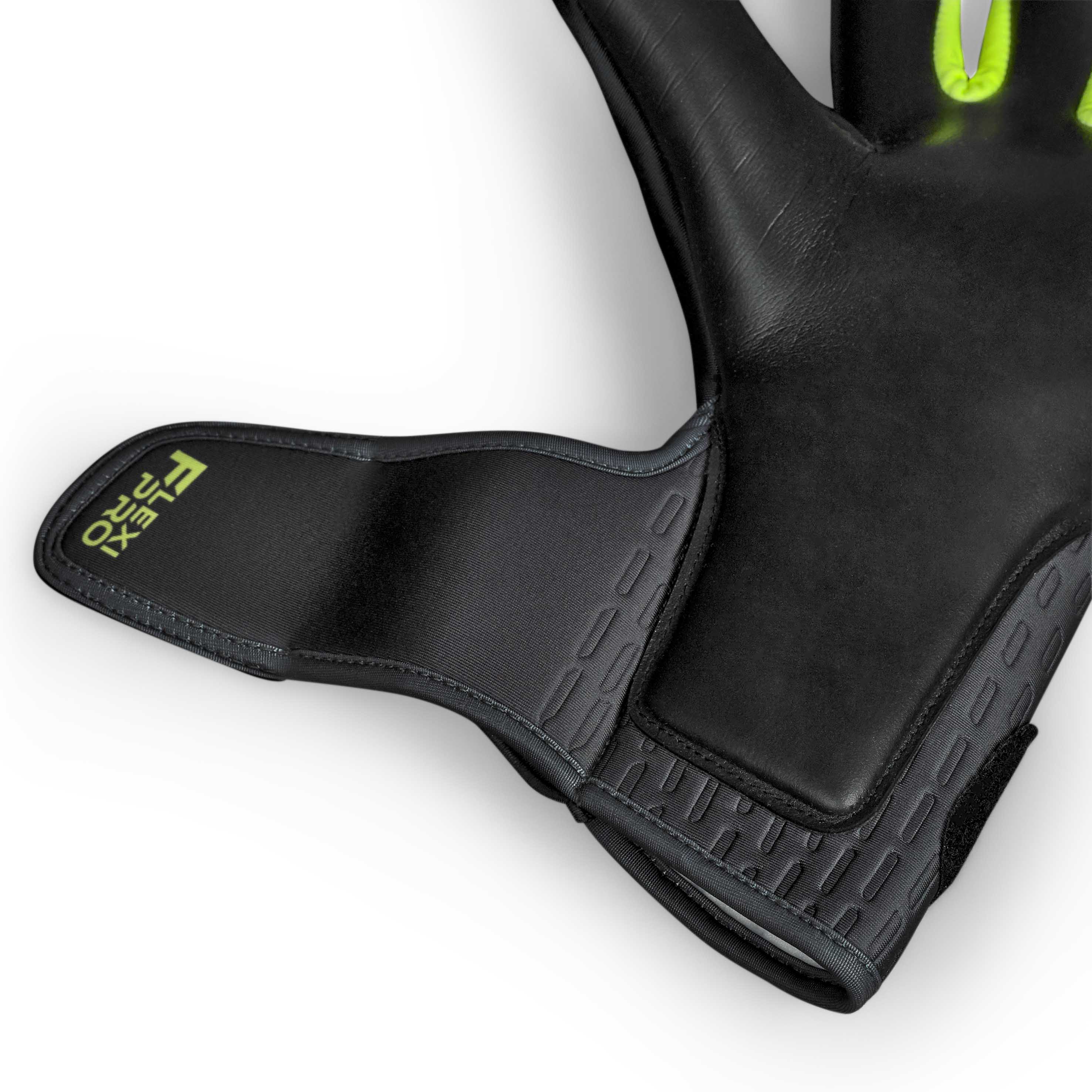Adult goalkeeper glove with a black and brown backhand and a black palm. Select logo on backhand #color_black/brown