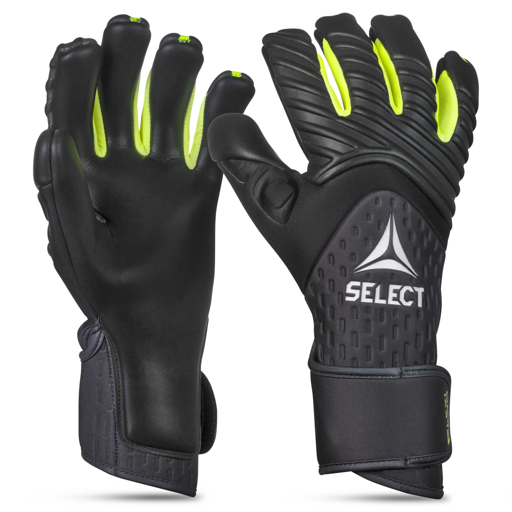 Adult goalkeeper glove with a black and brown backhand and a black palm. Select logo on backhand #color_black/brown