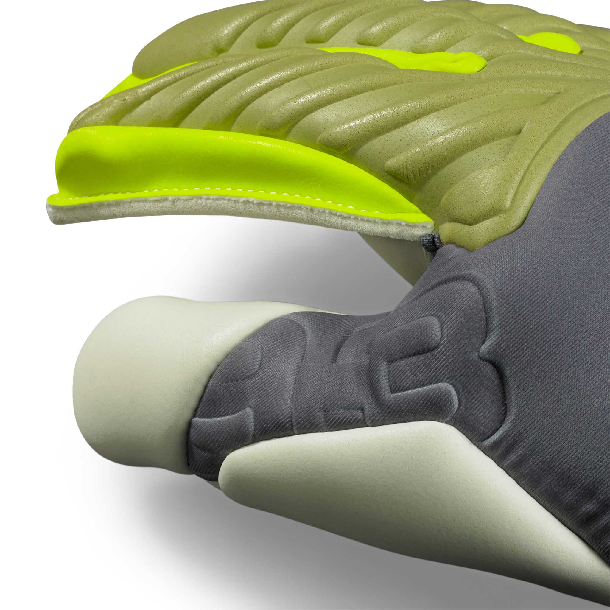 Adult goalkeeper glove with a blue and green backhand and a white palm. Select logo on backhand #color_blue/green