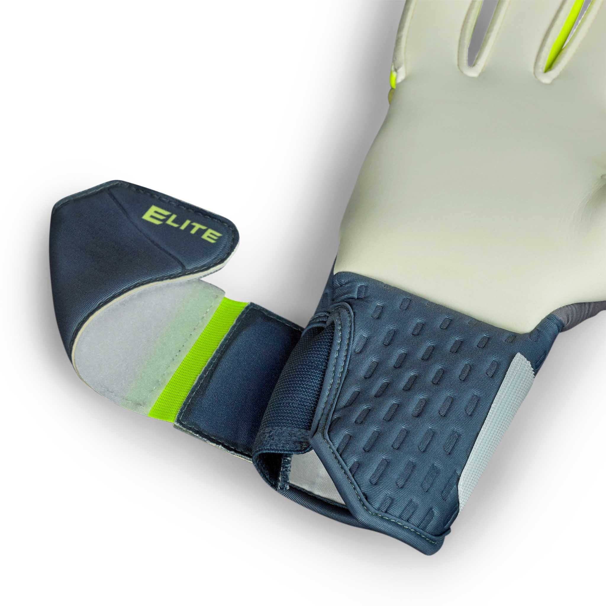 Adult goalkeeper glove with a blue and green backhand and a white palm. Select logo on backhand #color_blue/green