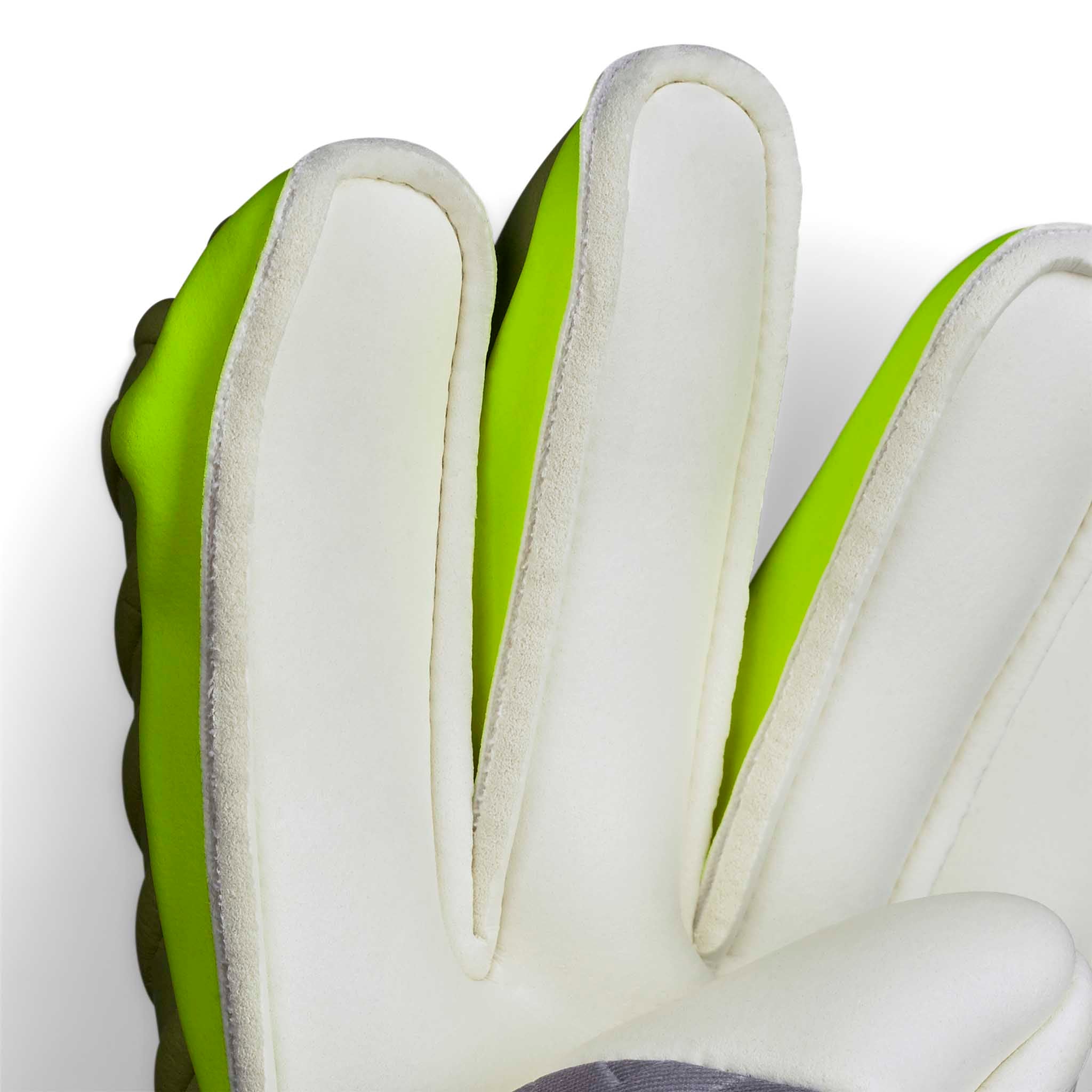 Adult goalkeeper glove with a blue and green backhand and a white palm. Select logo on backhand #color_blue/green