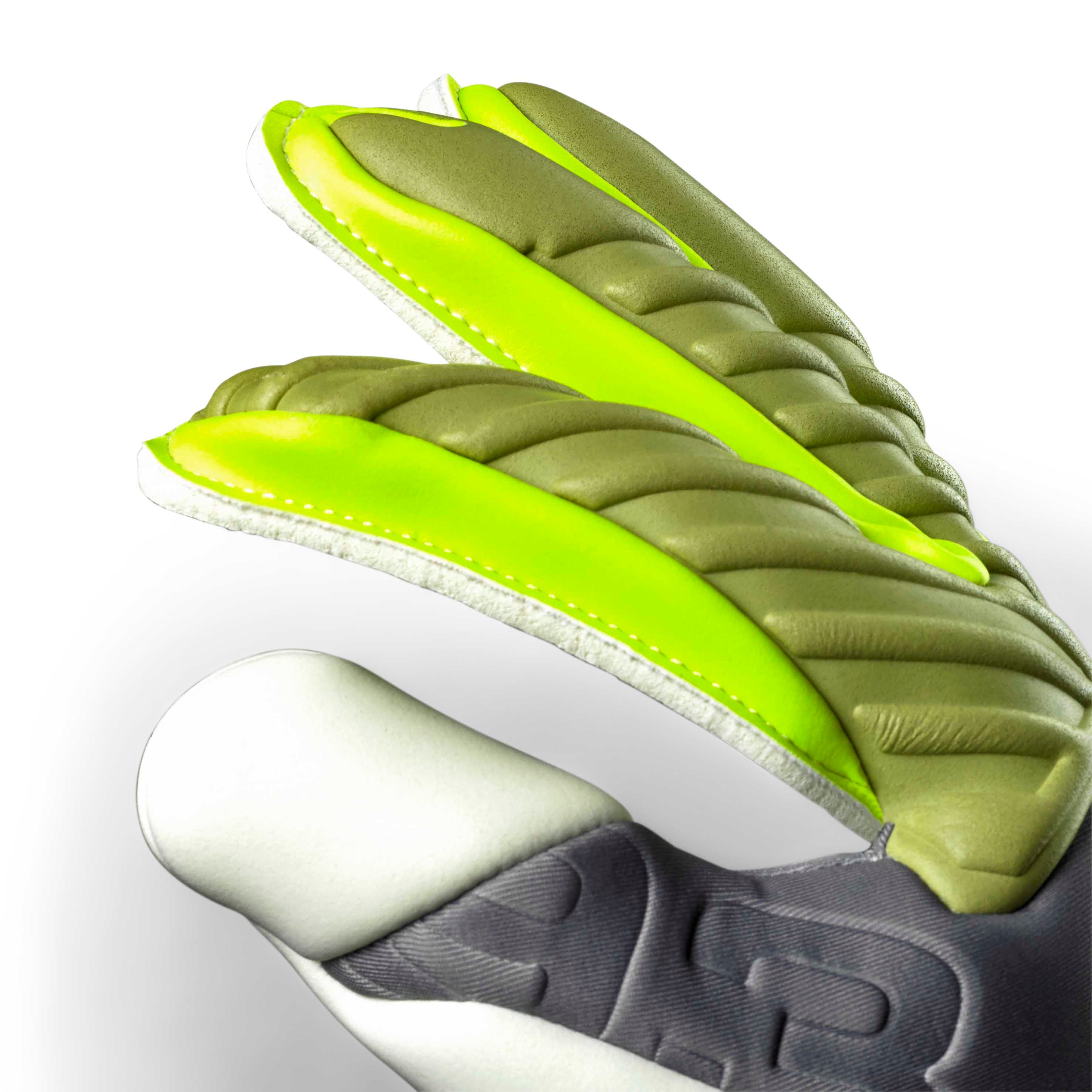 Adult goalkeeper glove with a blue and green backhand and a white palm. Select logo on backhand #color_blue/green