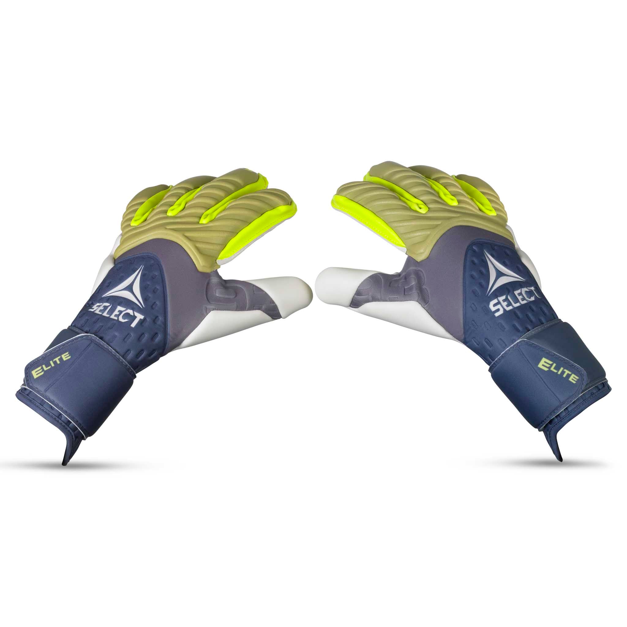 Adult goalkeeper glove with a blue and green backhand and a white palm. Select logo on backhand #color_blue/green