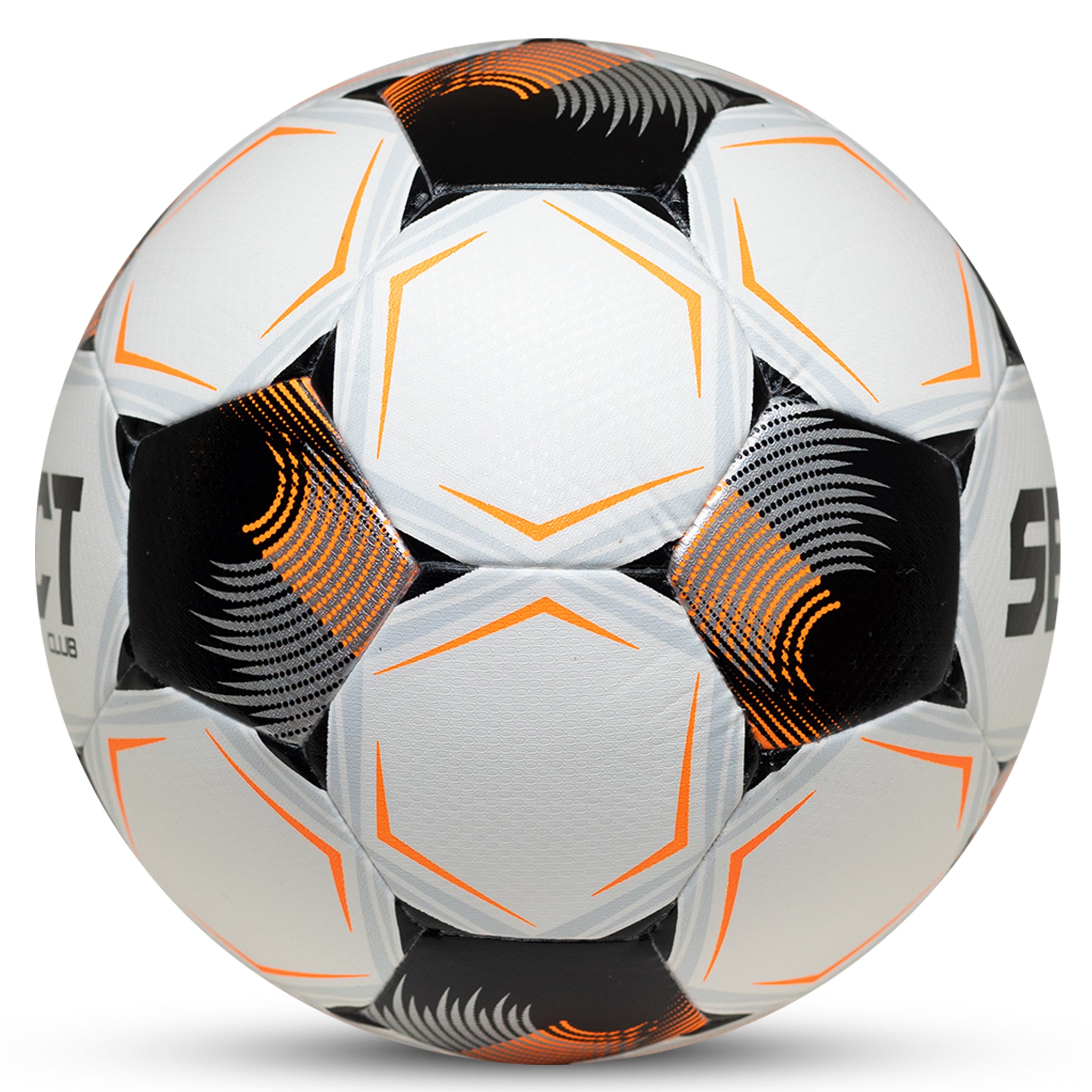White, black and orange Club v26 soccer ball, right-side view
