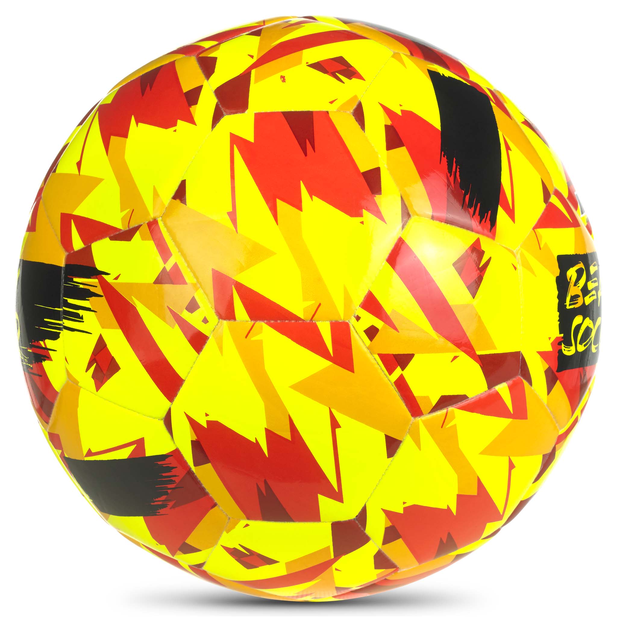 Yellow, red, orange soccer ball with text, beach soccer. #color_yellow/red