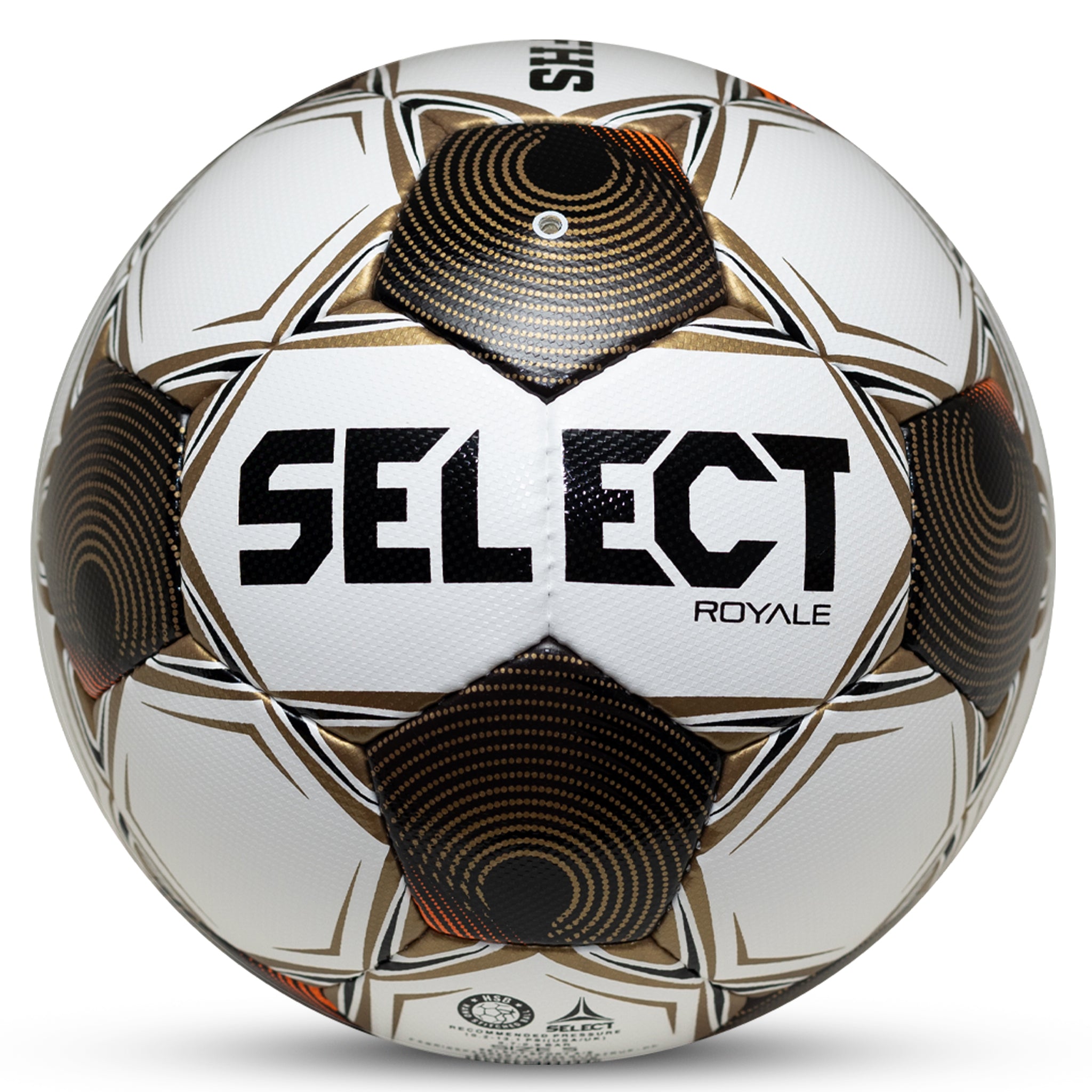 White soccer ball with black pentagons, gold and orange accents and 'Select' branding on a white background. Approved for NFHS play #color_white/black